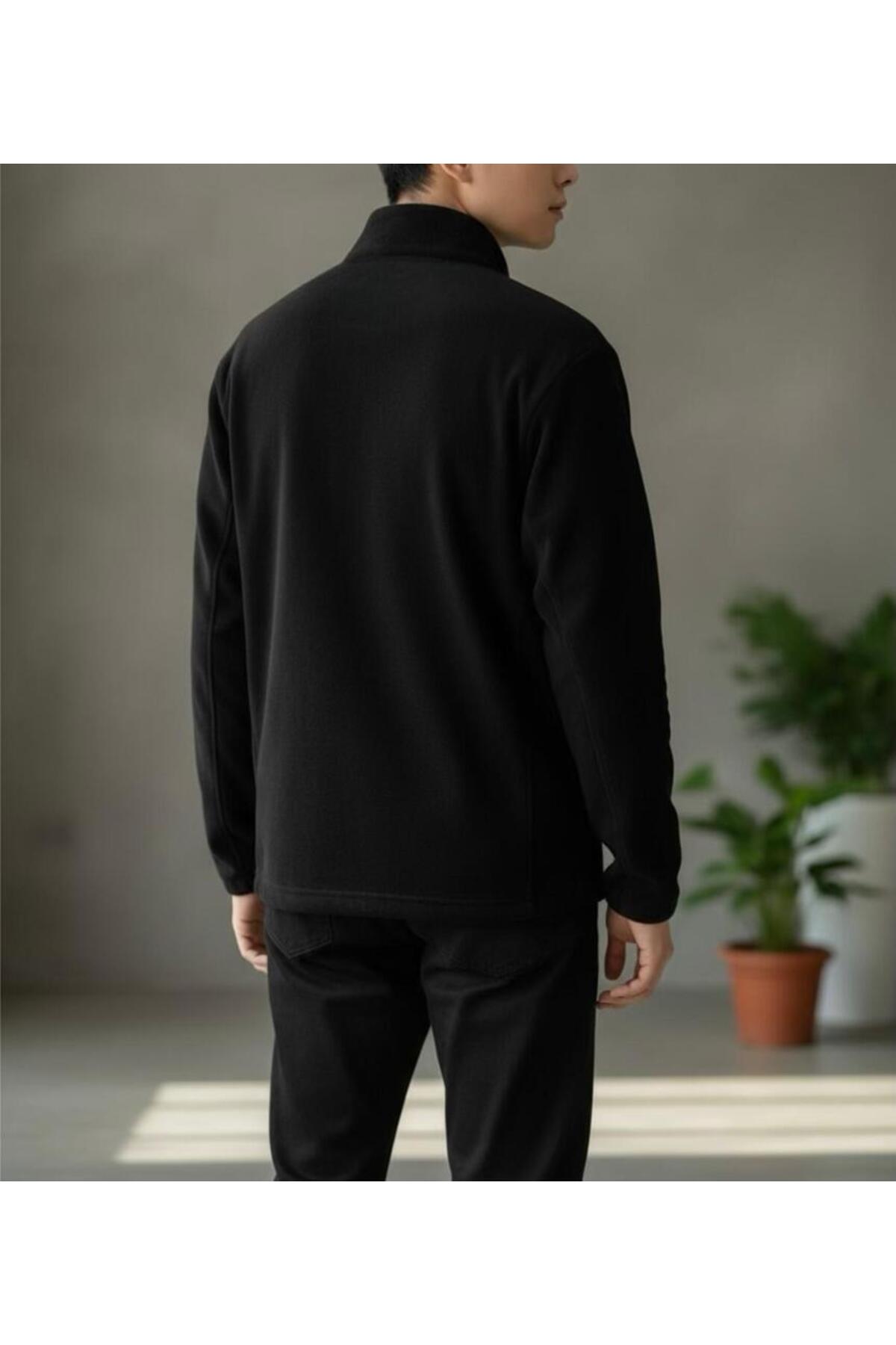 Siyah Polar Üç Cepli Fermuarlı Unisex Ceket (280-300gram) — مشکی — تصویر 3 از 5