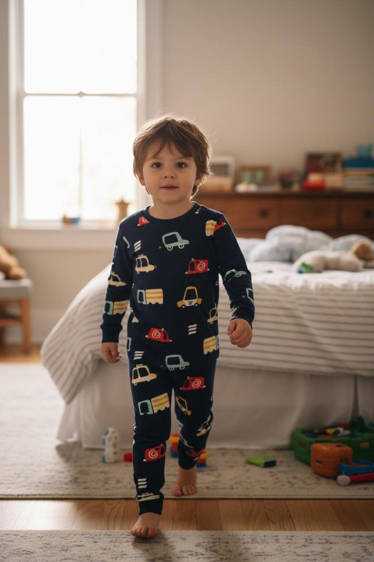 SERRASTIL Erkek Çocuk Kamyon Araba Desenli Pamuklu Pijama Takımı -Uzun Kollu Lacivert Renk fotoğrafı 3 (önizleme)