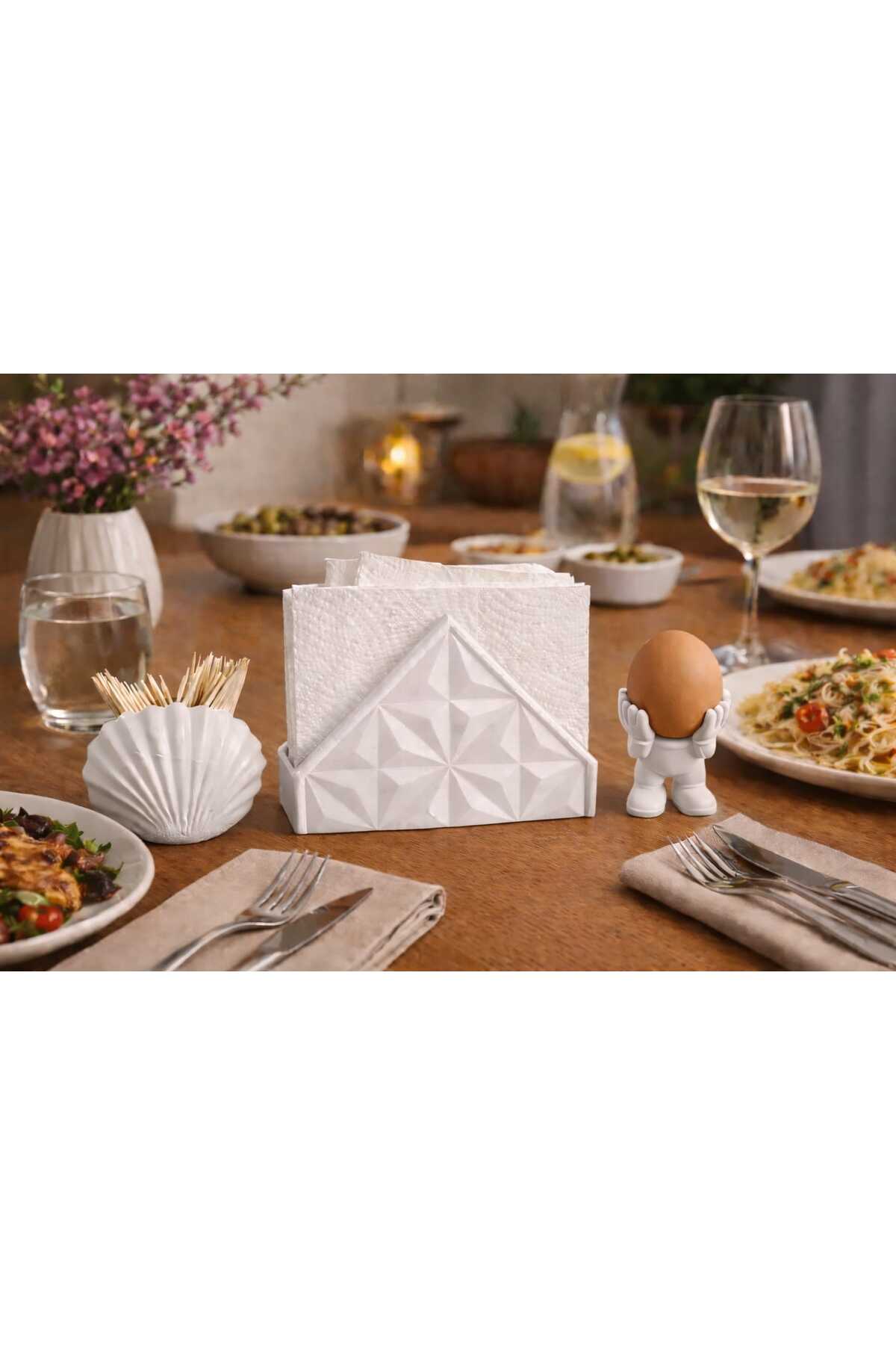Beton El Yapımı Dekoratif Sofra Seti | Modern Tasarım Peçetelik, Kürdanlık ve Yumurta Tutucu