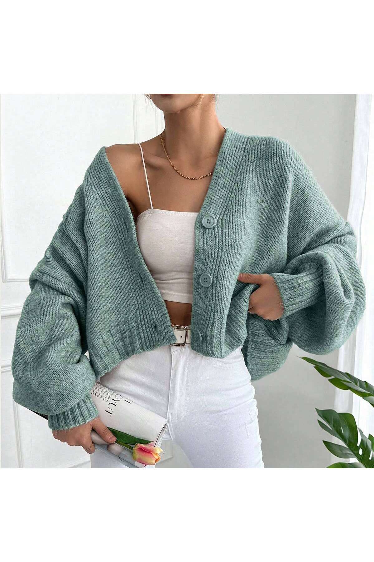 ALTINER TRİKO  KADIN MİNT RENK OVERSİZE TRİKO HIRKA