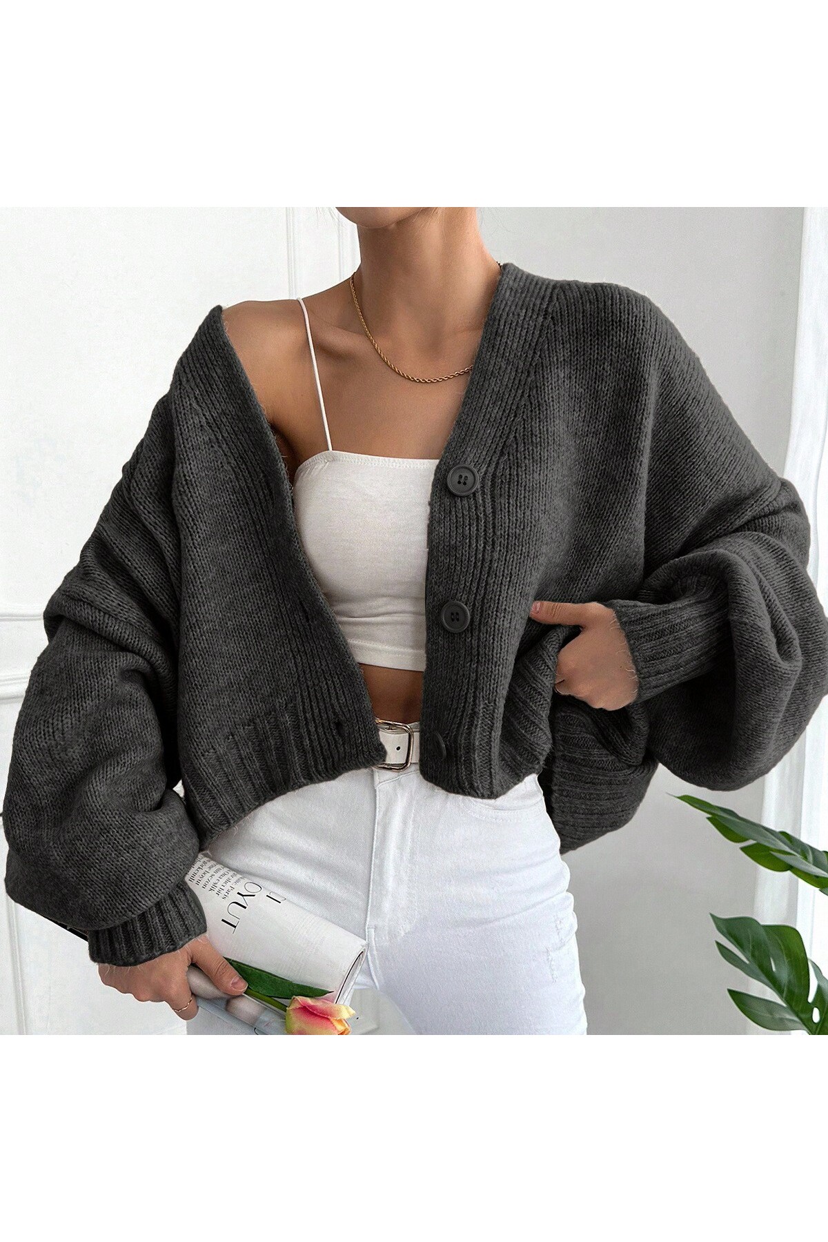 ALTINER TRİKO  KADIN ANTRASİT RENK OVERSİZE TRİKO HIRKA - Görsel 2