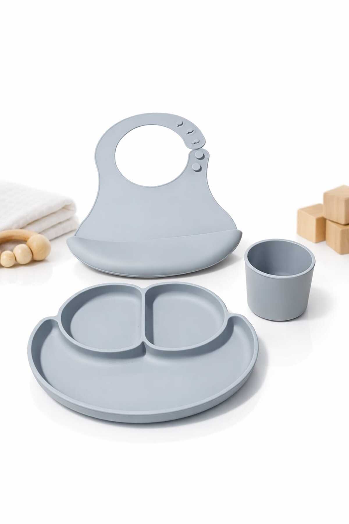 CKM silikon 3Lü Bebek Beslenme Seti Antrasit Gri ( Mama tabağı, Bardak, Önlük) fotoğrafı 2 (önizleme)