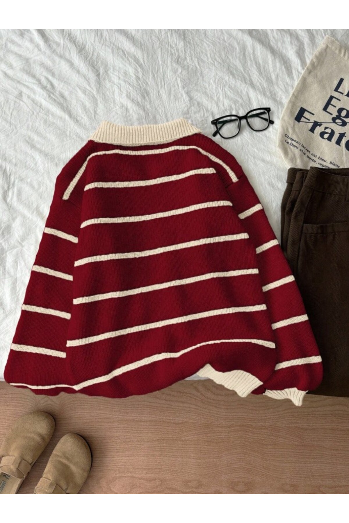 Dier Moda  Ekru Bordo Selanik Örgü Polo Yaka Oversize Triko Kazak, Kadın Kazak - Görsel 2