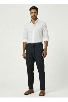 MODENZO Erkek Çizgili Pantolon Kumaş Rahat Tam Kalıp Arka Fermuar Cepli Şık P...