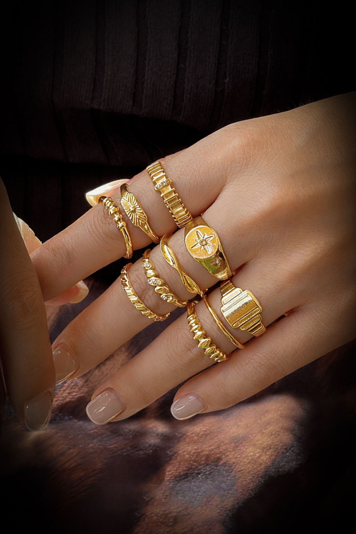 The Collection 10'lu Kombin Kutup Yıldızı Model Eklem Gold Yüzük Set görsel 4