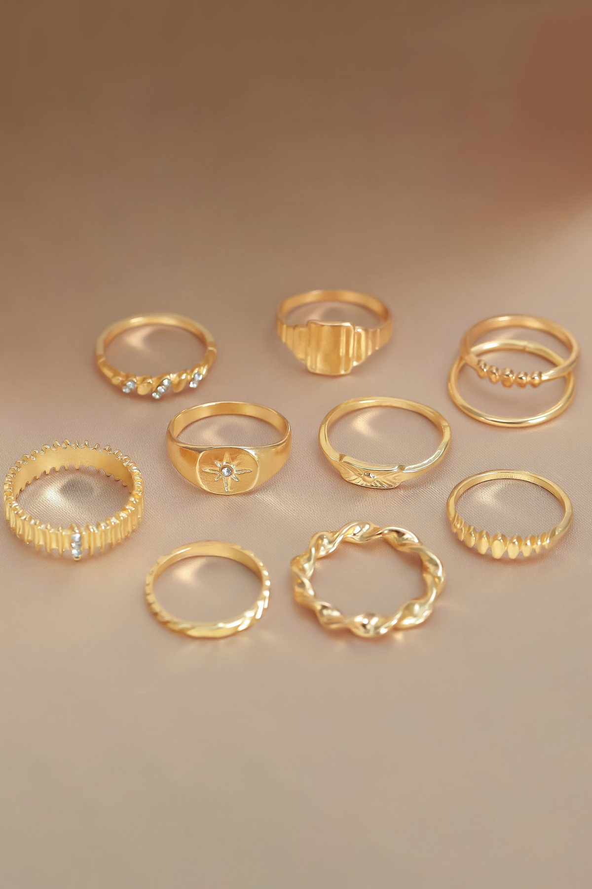 The Collection 10'lu Kombin Kutup Yıldızı Model Eklem Gold Yüzük Set görsel 8