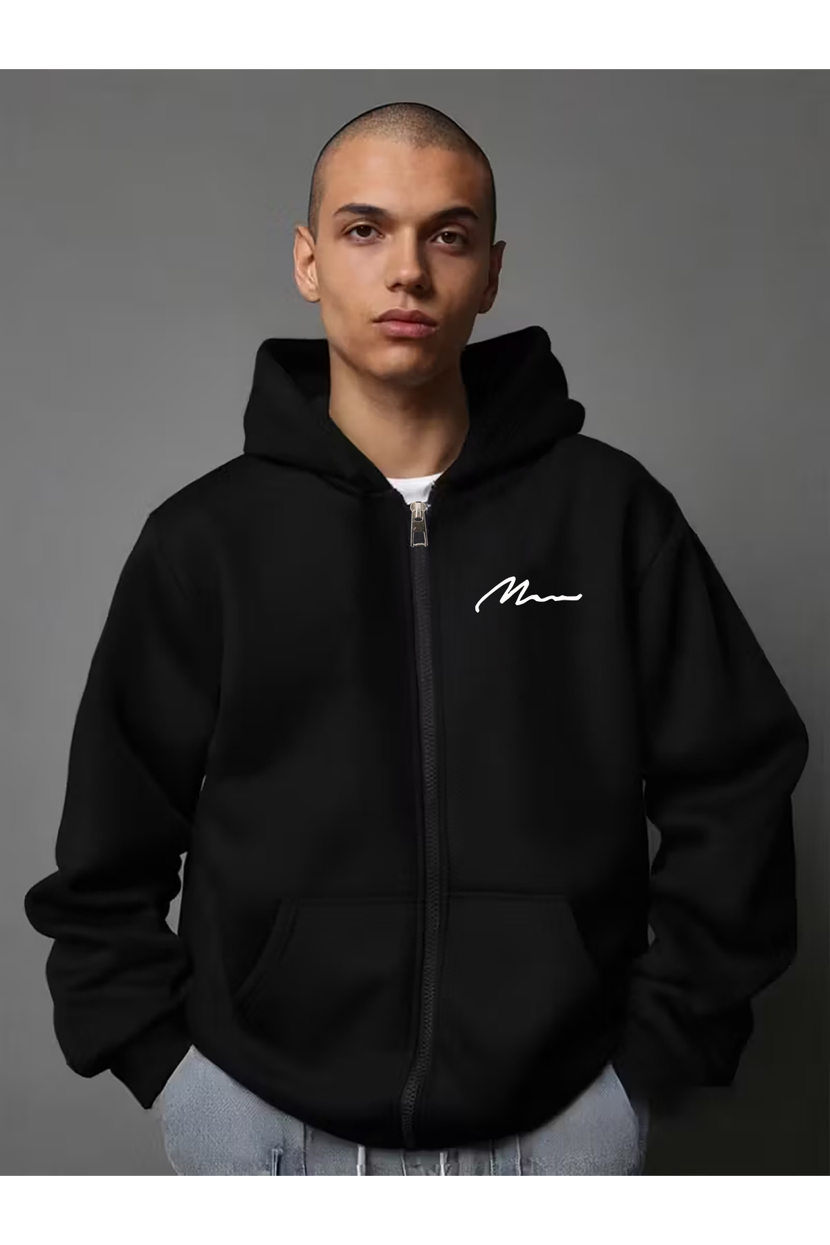 Unisex Baskılı Fermuarlı Kapüşonlu Cepli Sweatshirt Ceket — رنگارنگ 54237