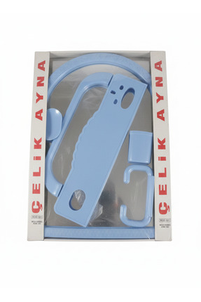 Çelik Ayna Plastik Ayna Mavi 5 Parça Banyo Aksesuar Seti - Kırılmaz Aynalı Ra...