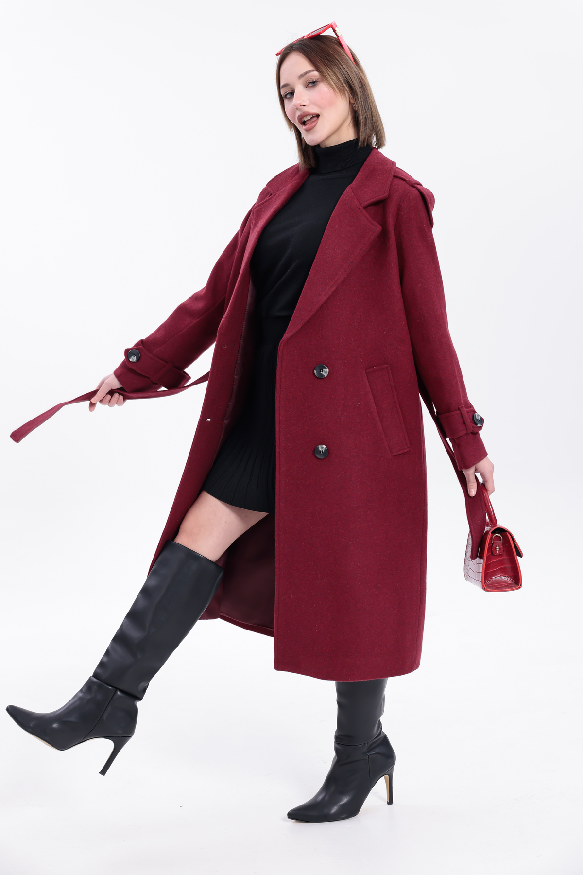 My Loore  Morena Regular Fit Bordo Düğmeli Uzun Kaşe Kaban (Yeni Sezon) - Görsel 4