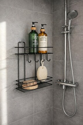 Sas Haus Lüks Siyah Metal 2 Katlı Banyo Rafı Şampuanlık Ve Duş Rafı Askılı Ya...