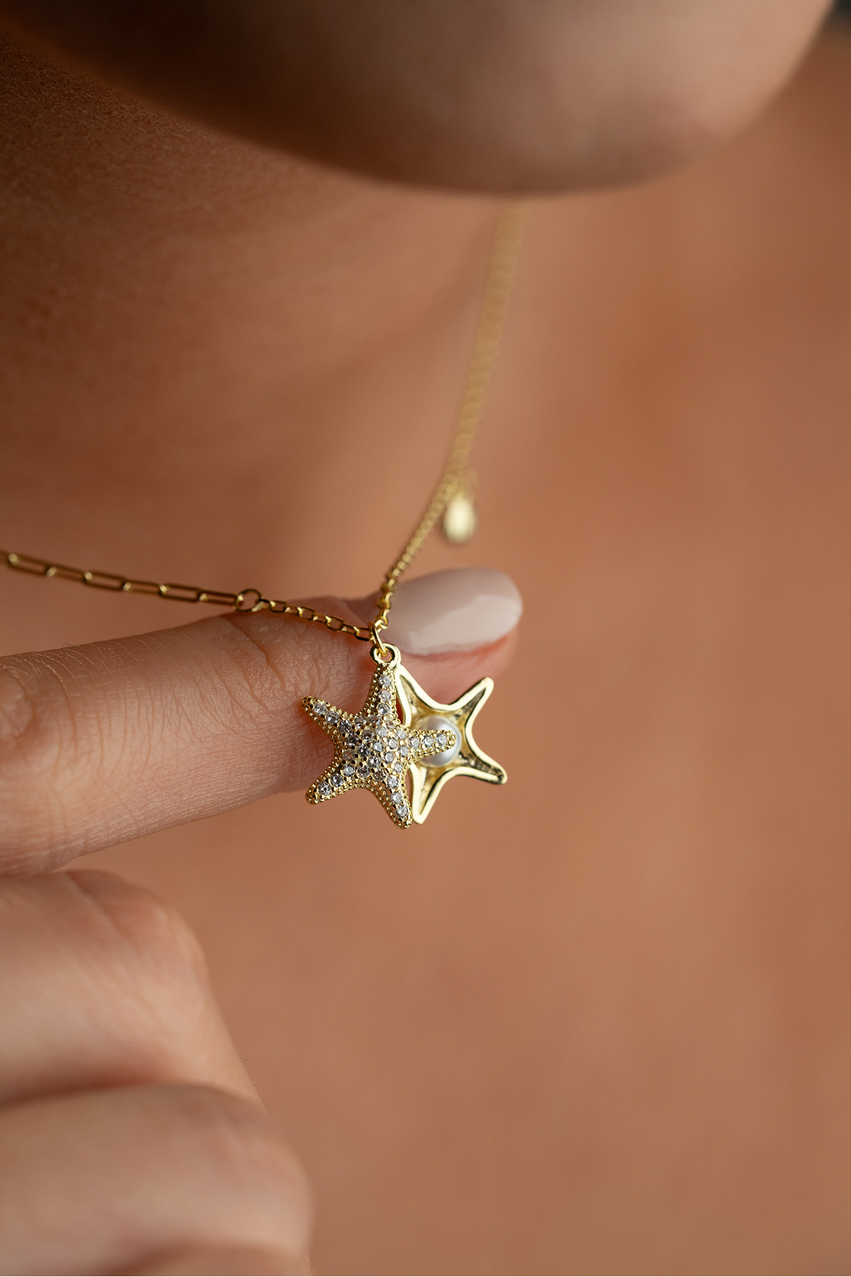 Silvano Jewelry 925 Ayar Gümüş Altın Kaplama İncili Deniz Yıldızı Kolye görsel 7