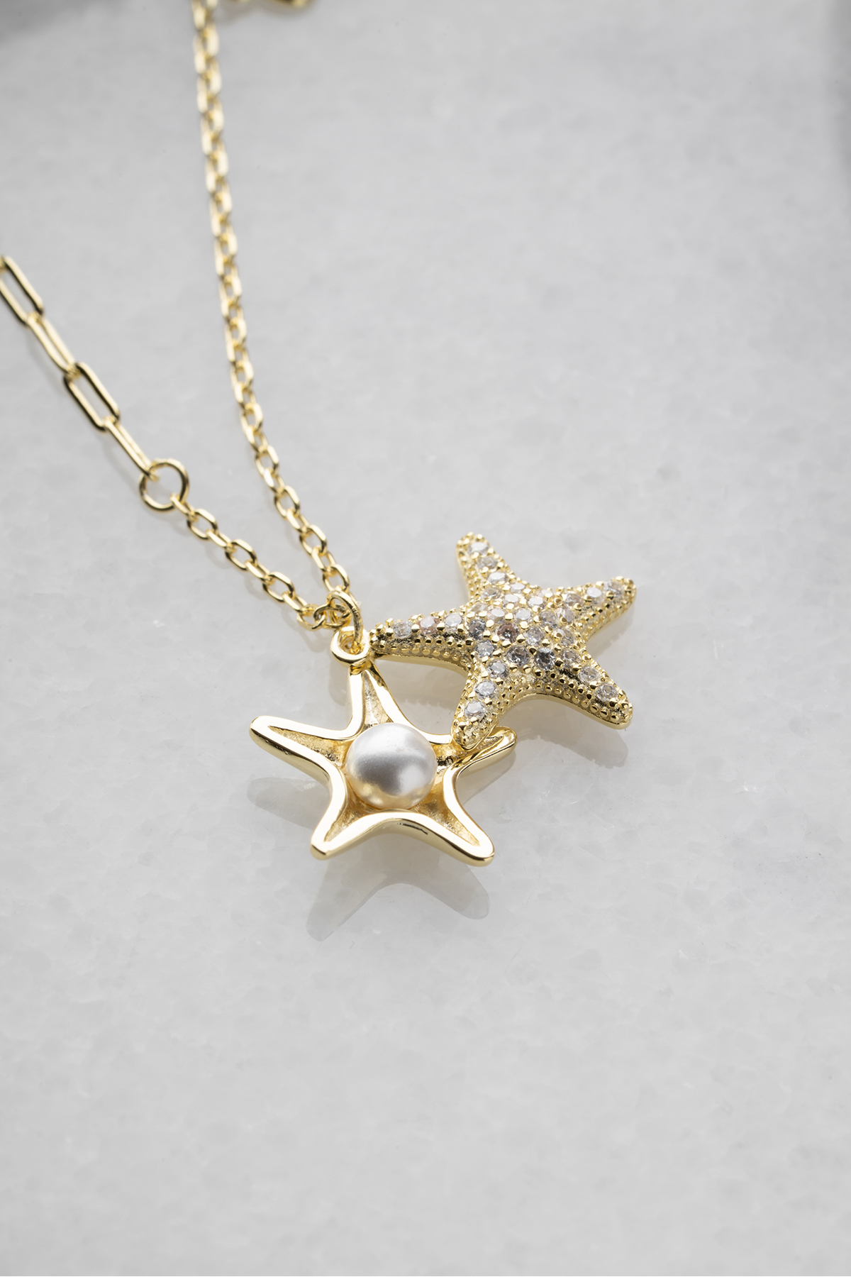Silvano Jewelry 925 Ayar Gümüş Altın Kaplama İncili Deniz Yıldızı Kolye görsel 4