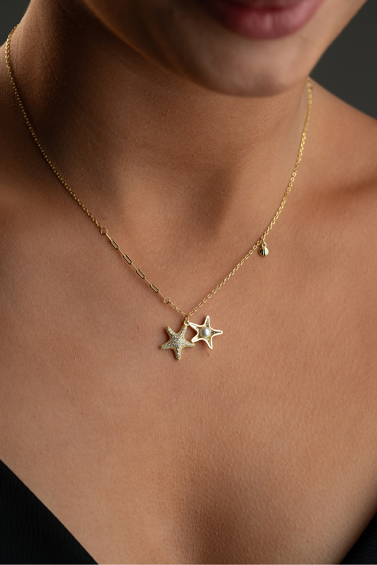 Silvano Jewelry 925 Ayar Gümüş Altın Kaplama İncili Deniz Yıldızı Kolye görsel 6