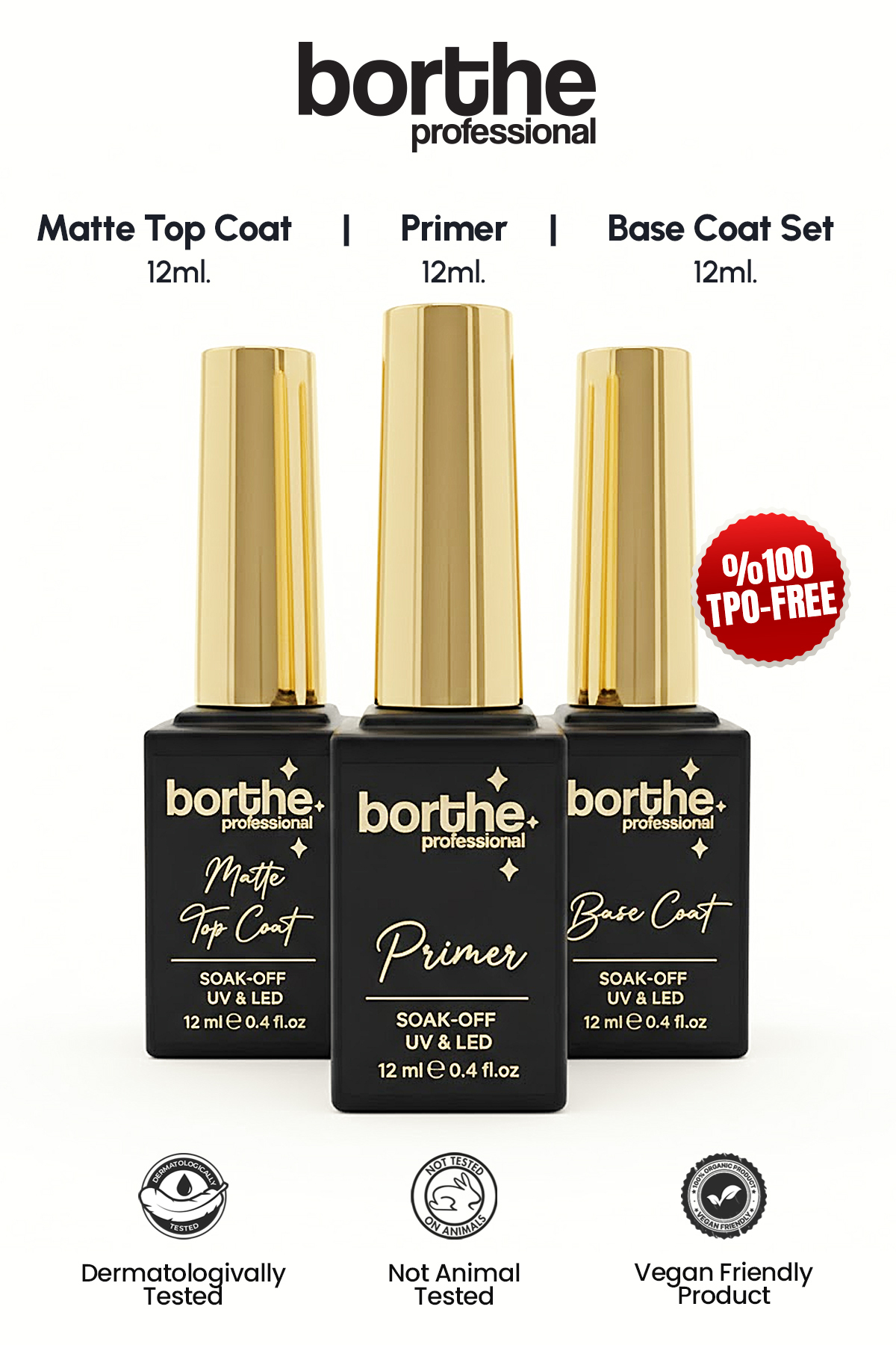 Borthe Protez Tırnak Matte Top Coat-Primer-Base Coat 3lü Set 3x12ml
