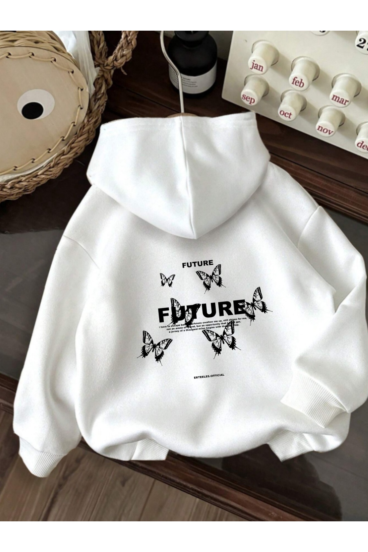 Deocept Unisex Kelebek Baskılı Kapüşonlu Kanguru Cepli Rahat Kalıp Oversize Kesim Sweatshirt