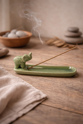 memyap Fil Figürlü Yeşil Seramik Tütsülük – Çubuk Tütsü Tutucu - Yeşil Serami...