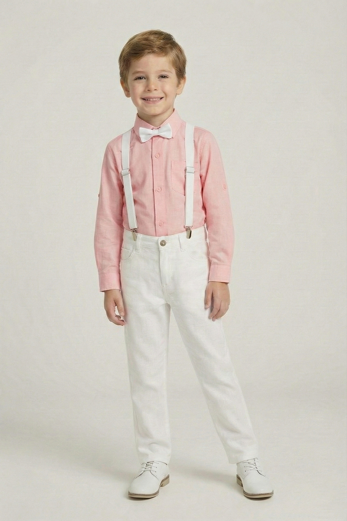 Boys Pink Long Sleeve Shirt White Pants White Strap Bow Tie Set 23 April 29 October
