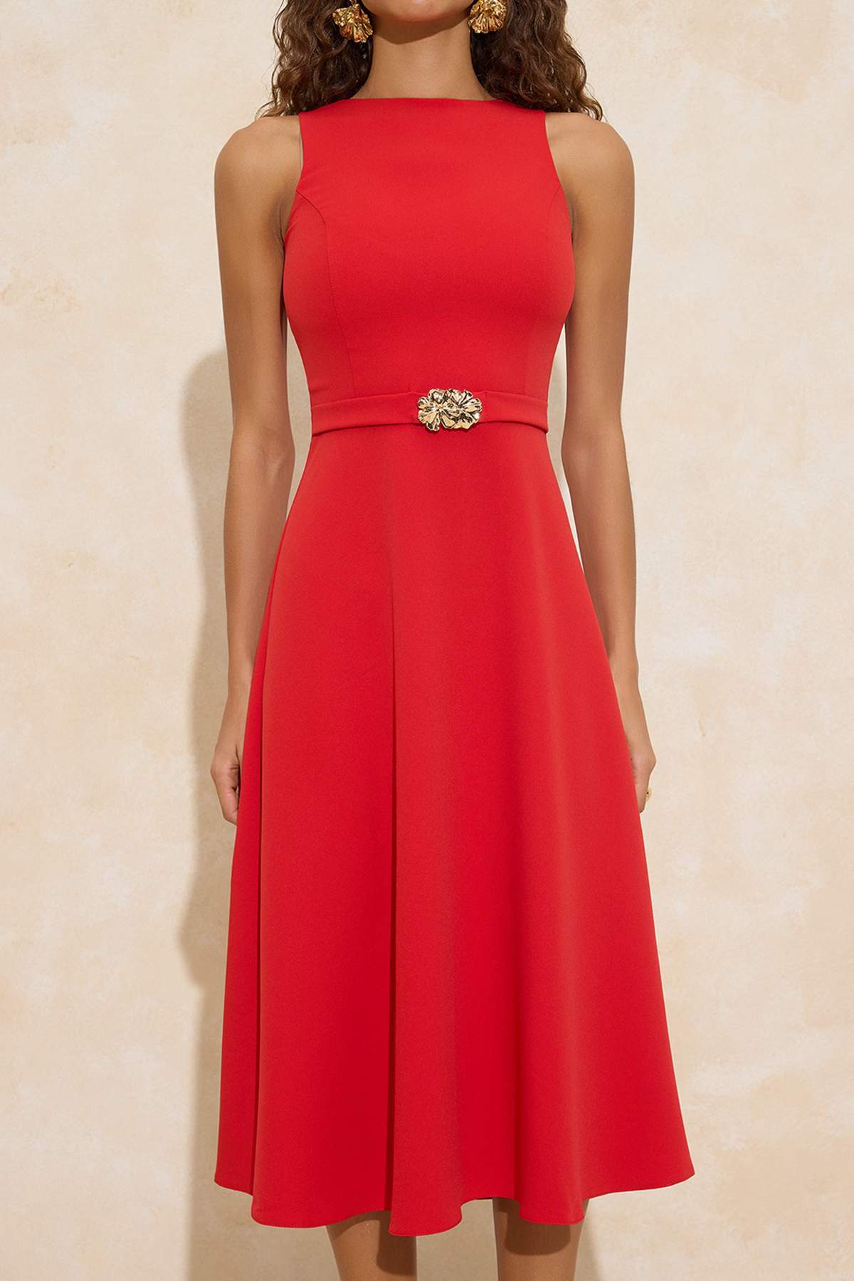 Trendyolmilla  Kırmızı Kemerli Esnek Midi Dokuma Elbise TWOSS26EL00134 - Görsel 3