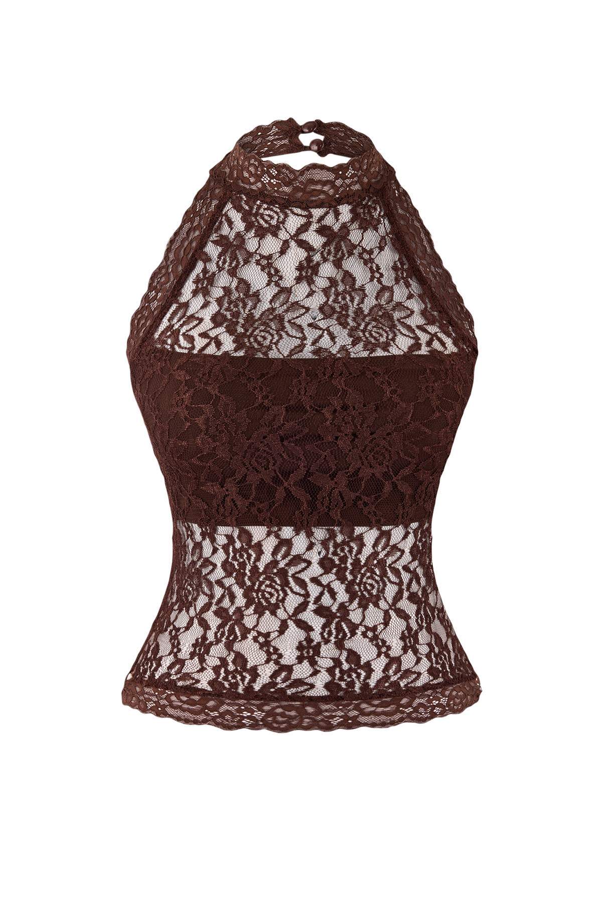 Trendyolmilla  Koyu Kahverengi Dantel Yarım Astarlı Halter Yaka Party Bluz TPRSS26BZ00003 - Görsel 5