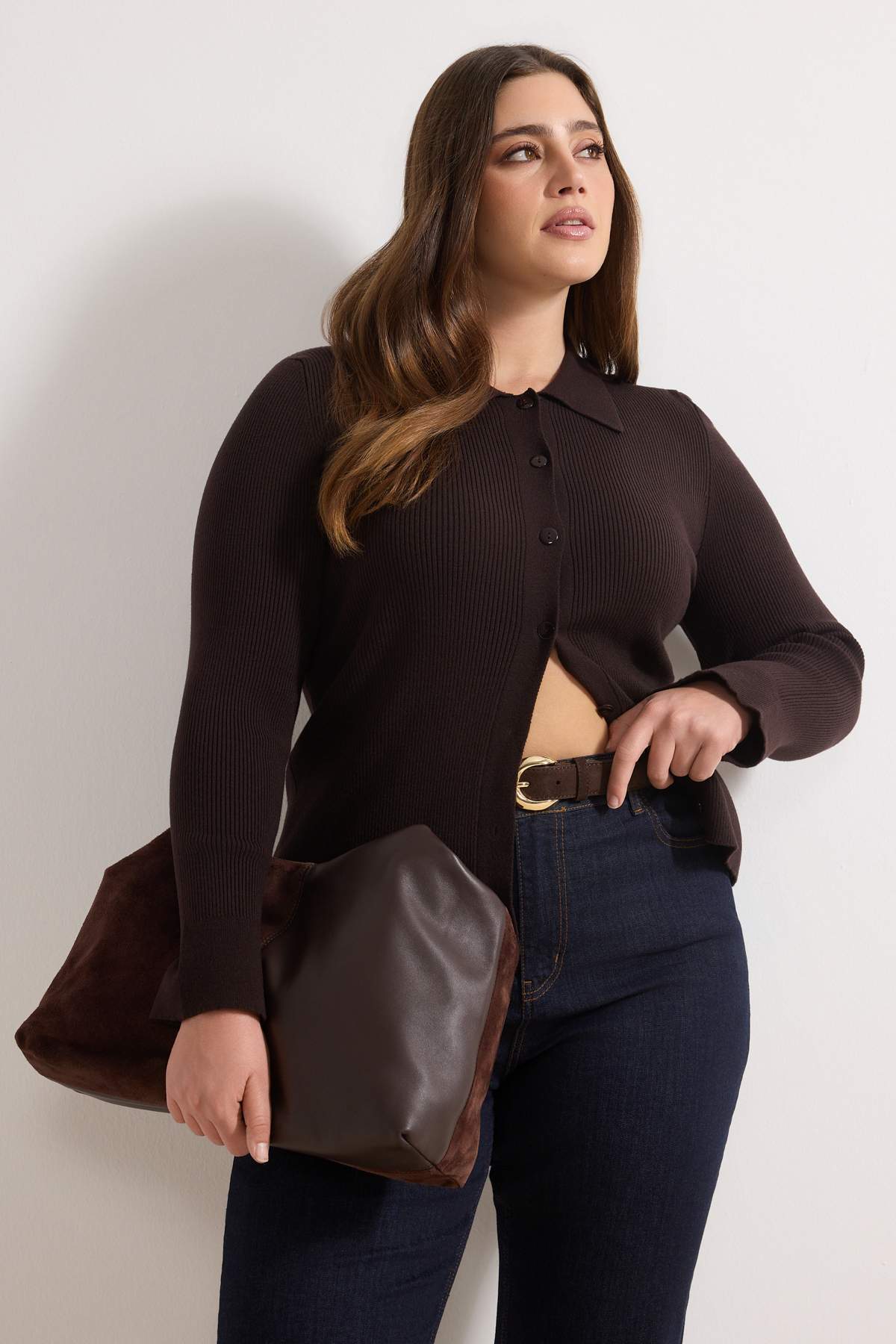 Trendyolmilla Curve Wardrobe Essentials Kahverengi Premium İplik Polo Yaka Triko Hırka TBBAW26AV00063