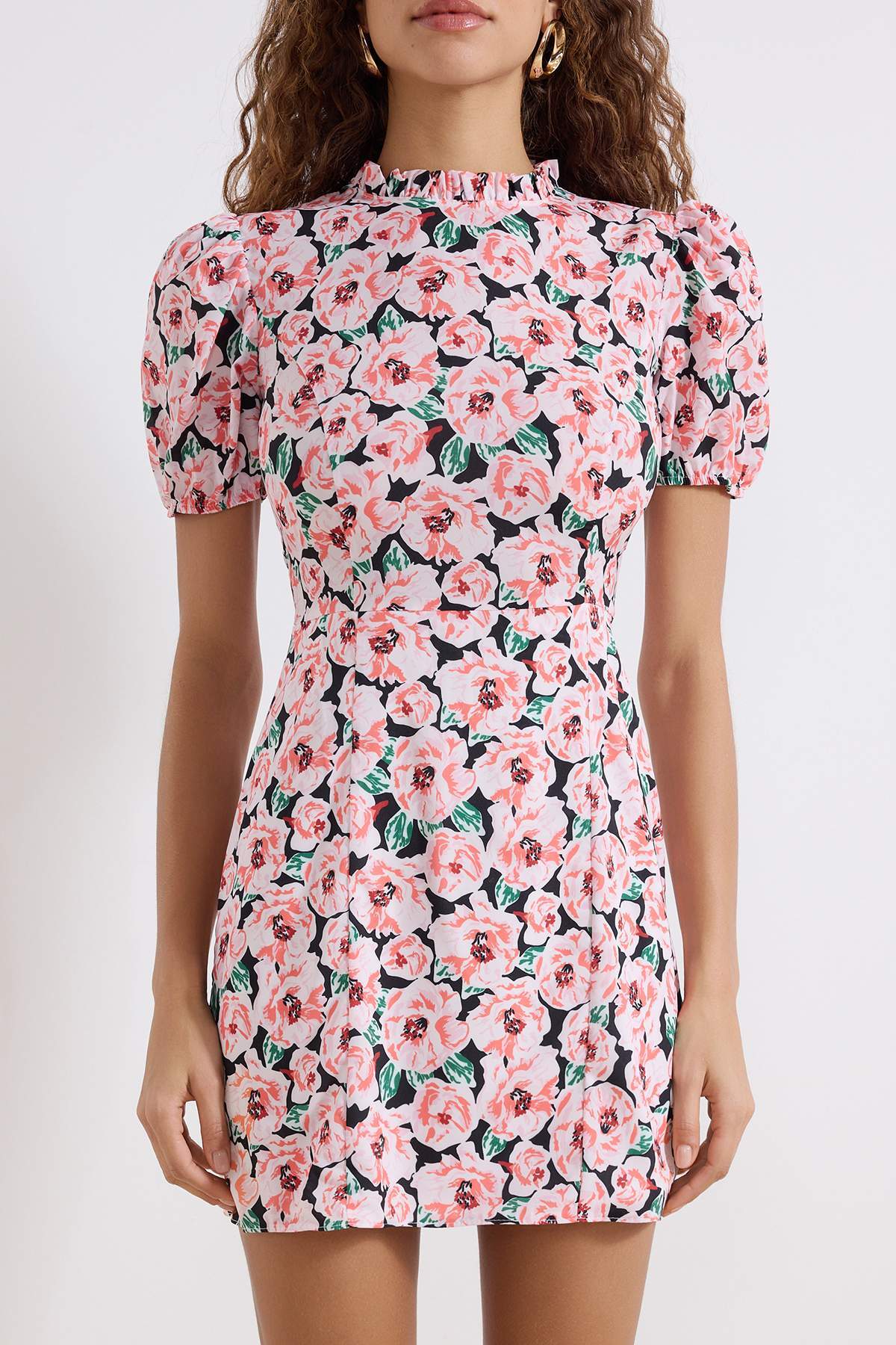 Trendyolmilla  Çok Renkli A Kesim Dik Yaka Çiçek Desenli Süper Mini Astarlı Dokuma Elbise TWOSS21EL2880 - Görsel 3