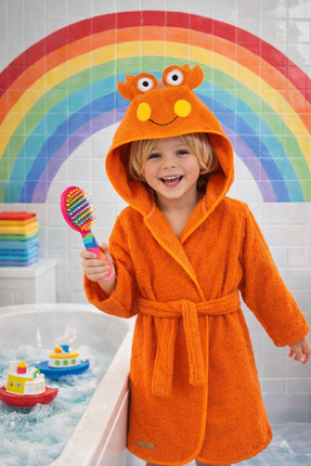 ELY PARKER Kapüşonlu Bornoz %100 Pamuk Erkek Çocuk Bornozu Hayvan Yengeç Turuncu