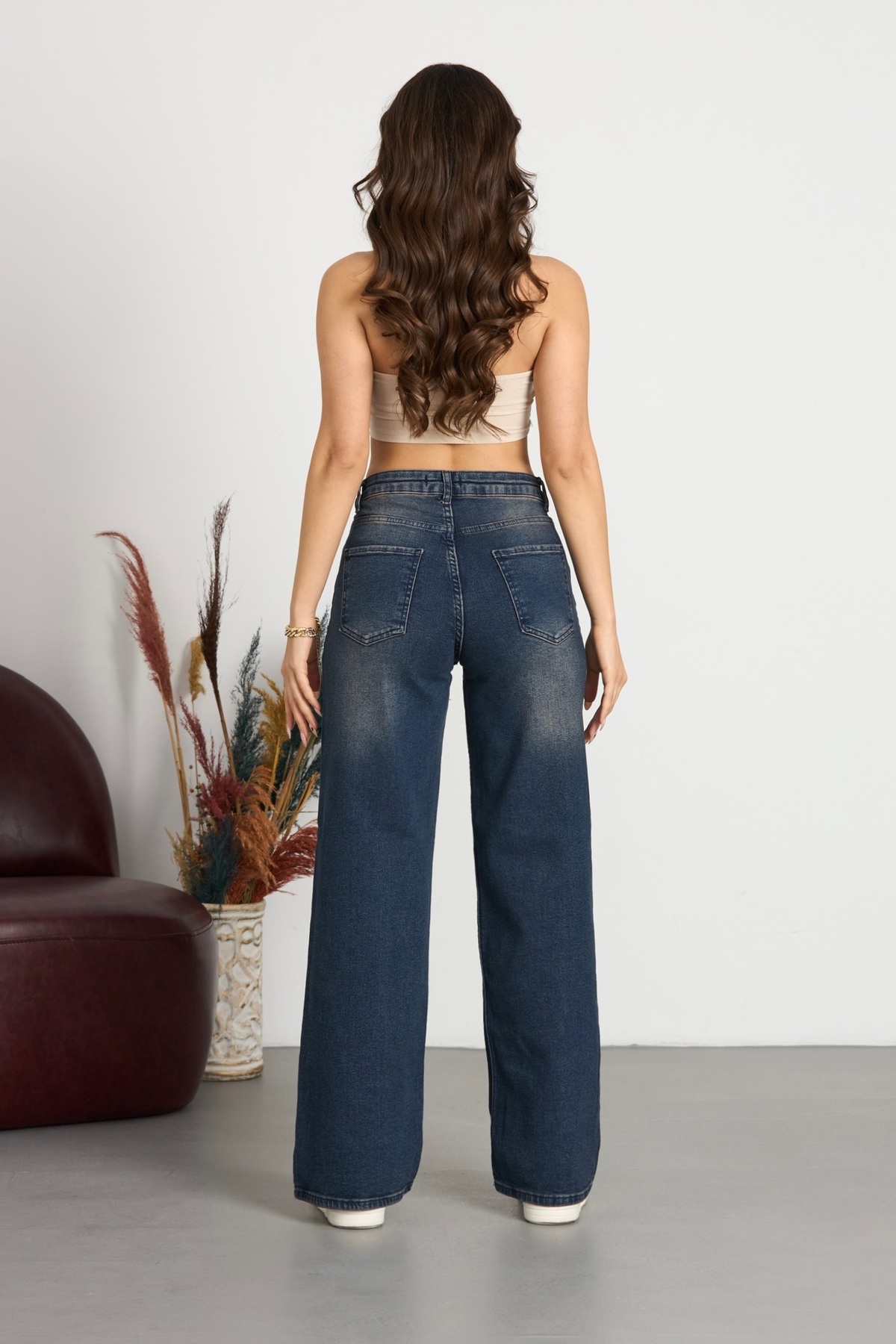 Kadın Soluk Efekt Vintage Yüksek Bel Wide Leg Jeans Efektli Lacivert 5