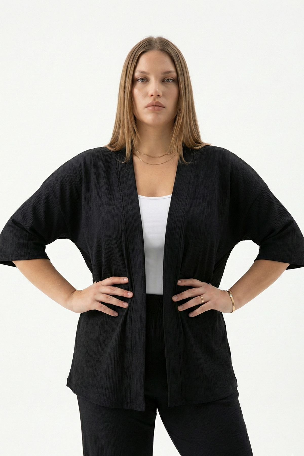 Talvien  Büyük Beden Kimono Hırkalı 2’li Takım – Bürümcük Kumaş Oversize Şık Set - Görsel 3