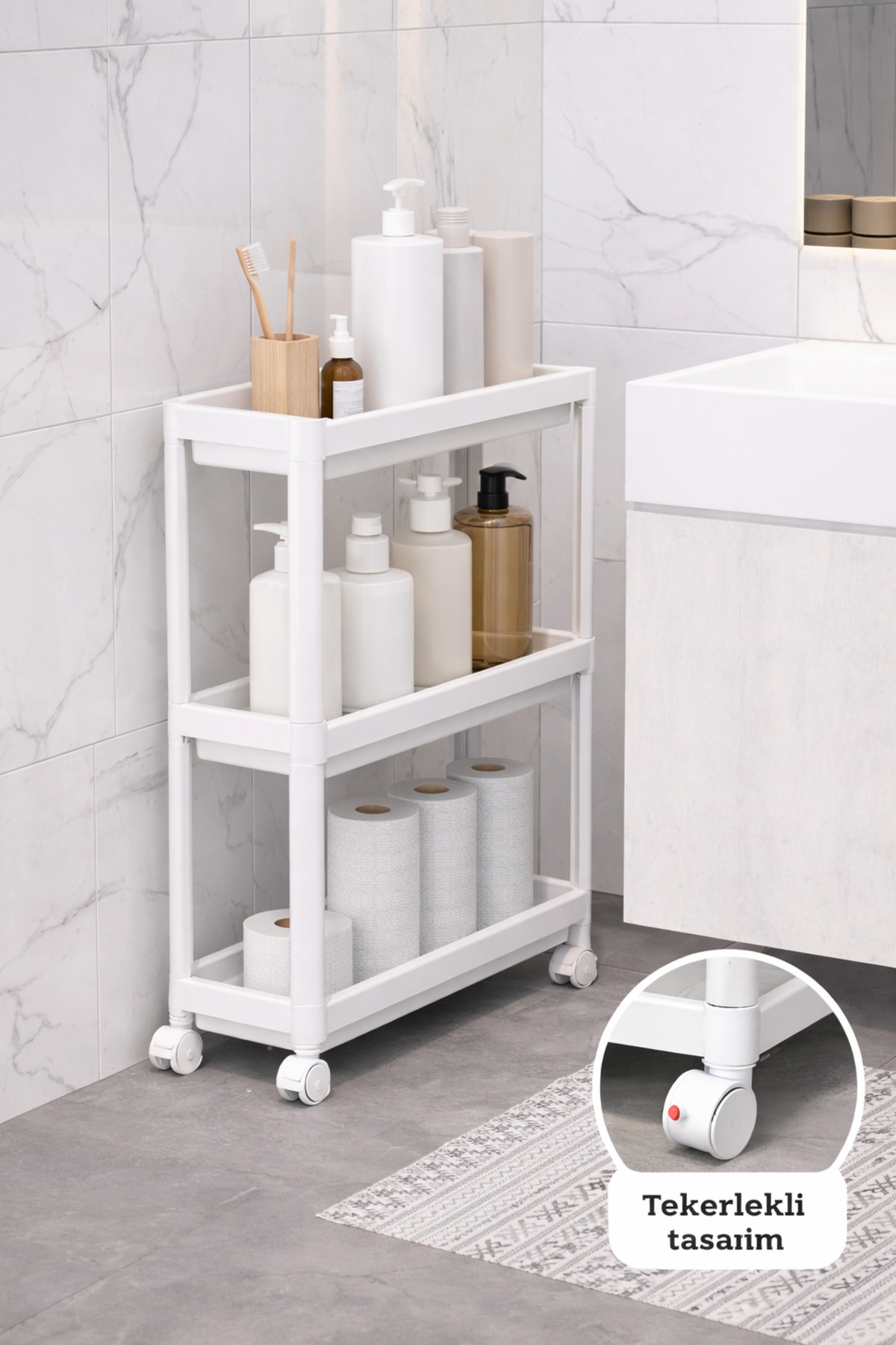 Rectangular 3-Tier Shelving Unit with Wheels - Bathroom Kitchen Organizer Organizer Shelf White
