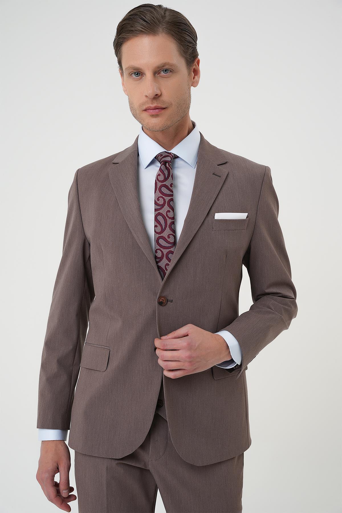 Efor  Slim Fit Esnek Çift Yırtmaç Yelekli Düz Klasik Vizon Takım Elbise Tk 901 - Görsel 3