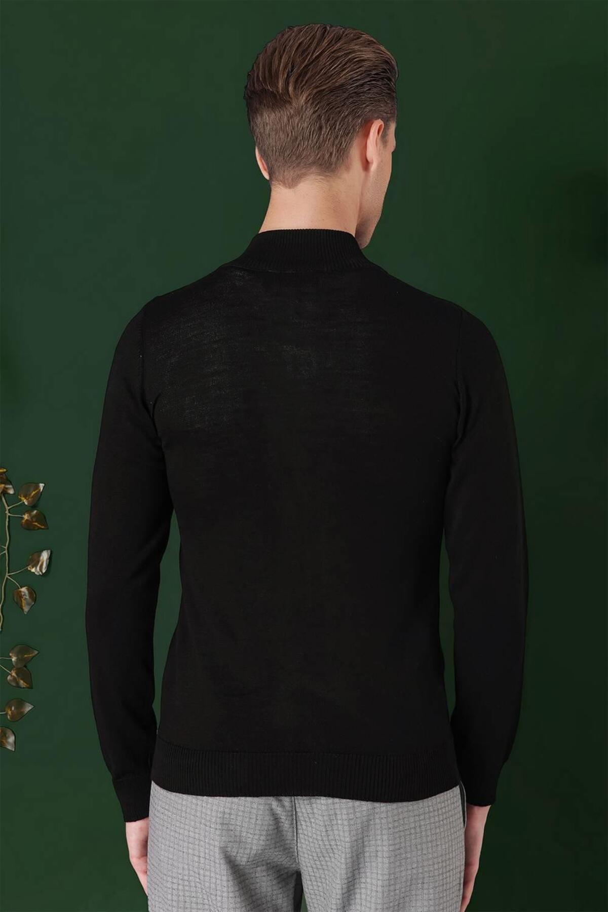 Efor Erkek Slim Fit Ribanalı Yünlü Fermuarlı Hırka Siyah Triko Kazak TR 860 görsel 7