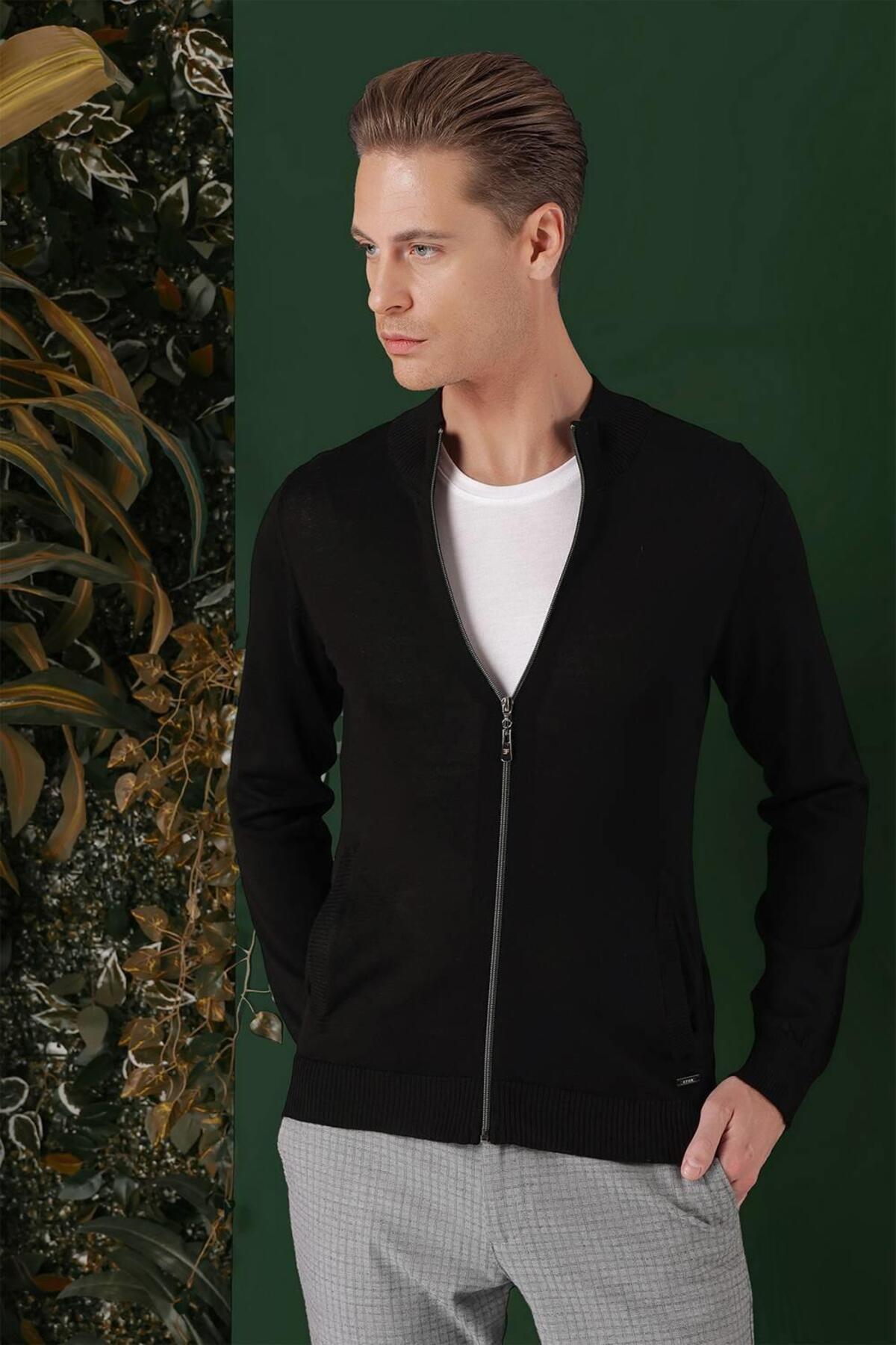Efor Erkek Slim Fit Ribanalı Yünlü Fermuarlı Hırka Siyah Triko Kazak TR 860 görsel 3