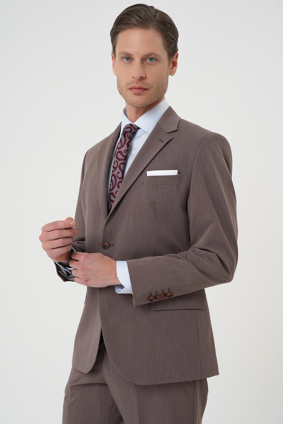 Efor  Slim Fit Esnek Çift Yırtmaç Yelekli Düz Klasik Vizon Takım Elbise Tk 901 - Görsel 4