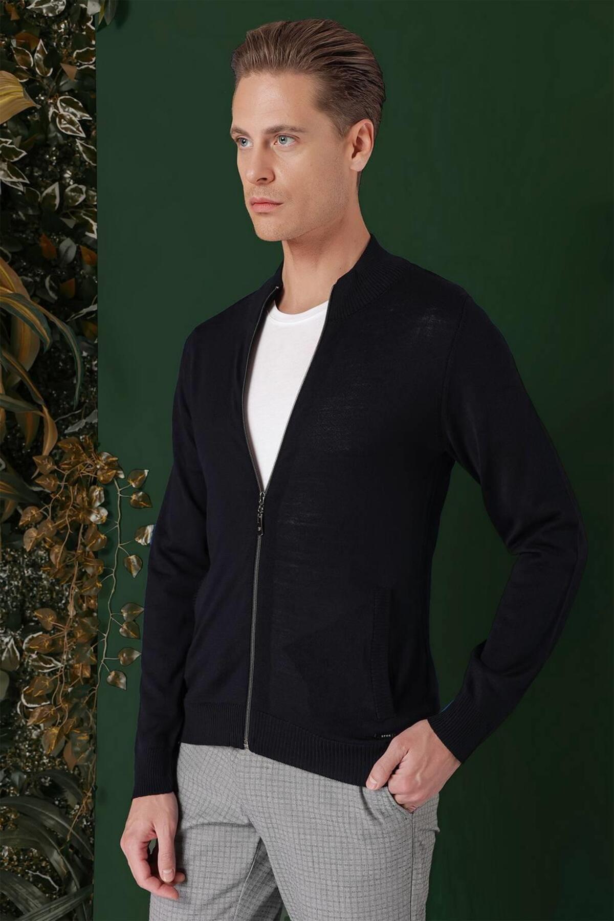 Erkek Slim Fit Ribanalı Yünlü Fermuarlı Hırka Lacivert Triko Kazak TR 860 — سرمه‌ای TR860K0823 — تصویر 3 از 5