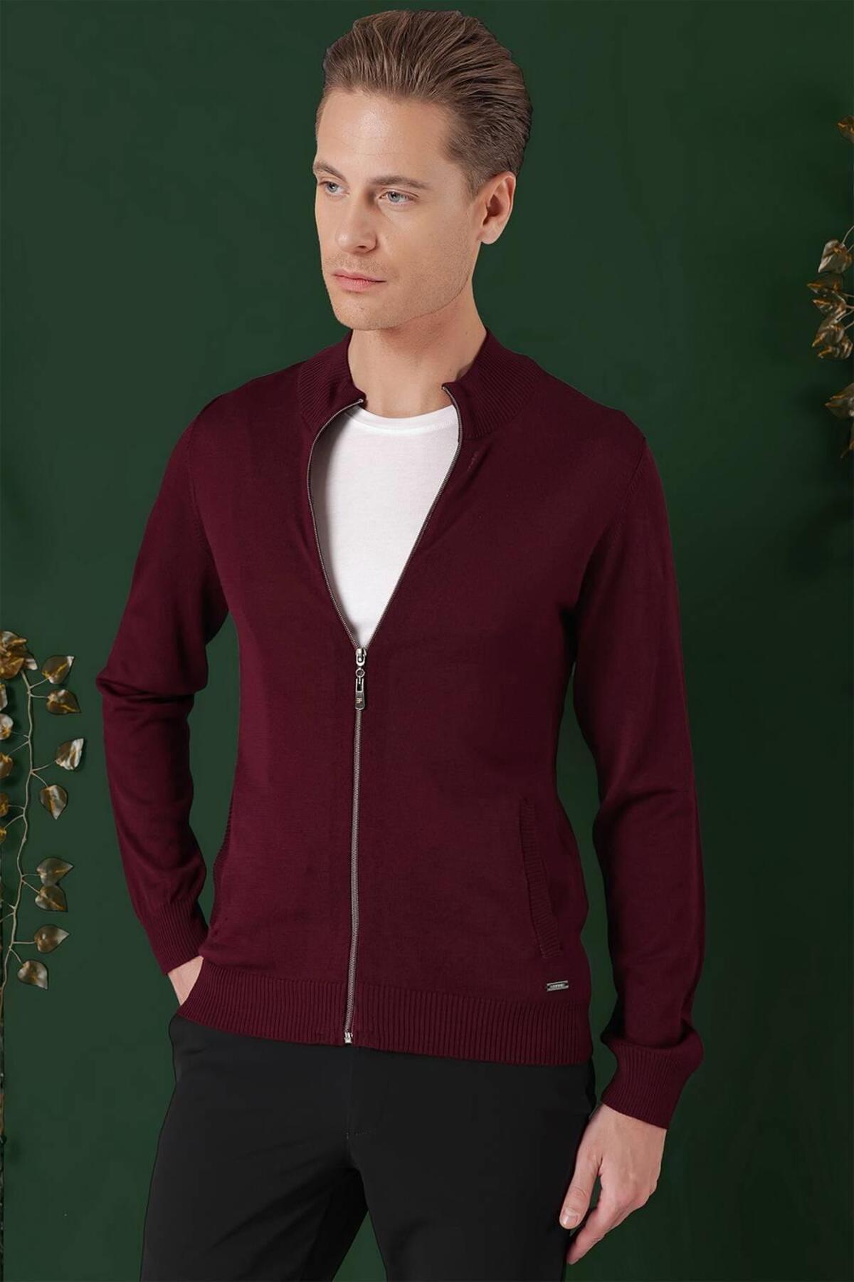 Efor Erkek Slim Fit Ribanalı Yünlü Fermuarlı Hırka Bordo Triko Kazak TR 860 görsel 2
