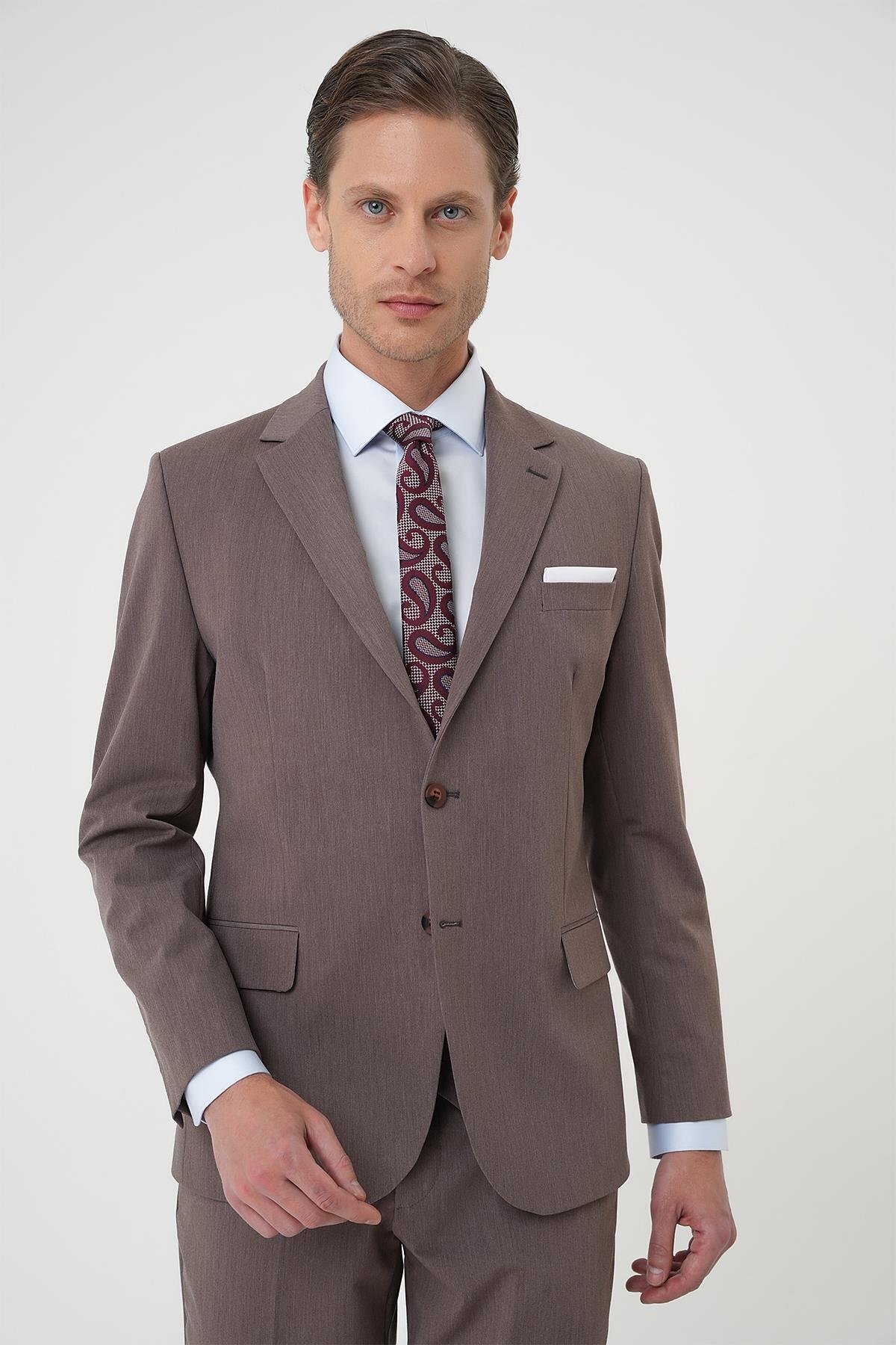 Efor  Slim Fit Esnek Çift Yırtmaç Yelekli Düz Klasik Vizon Takım Elbise Tk 901 - Görsel 5