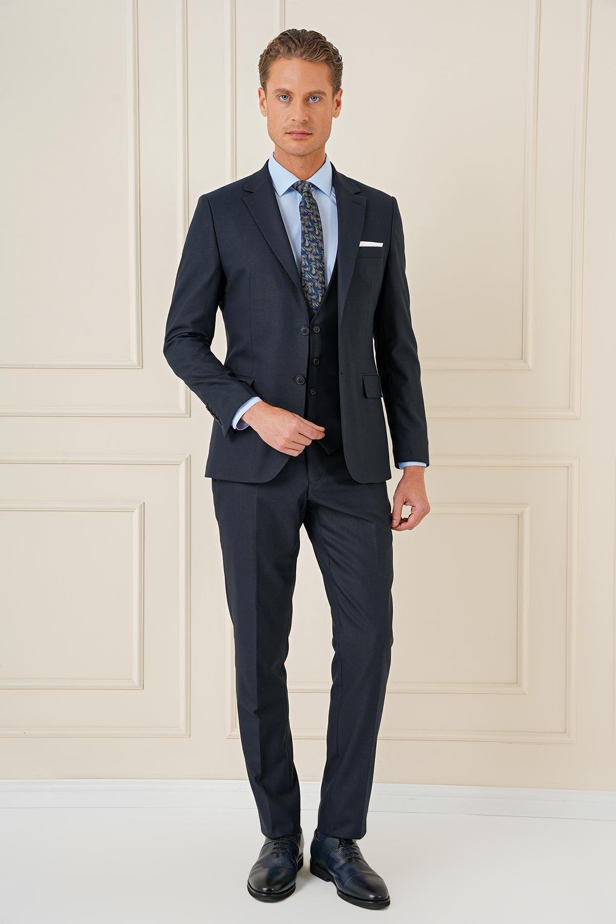 Efor  Slim Fit Çift Yıtmaç Lacivert Klasik Yelekli Takım Elbise TK 896 - Görsel 2