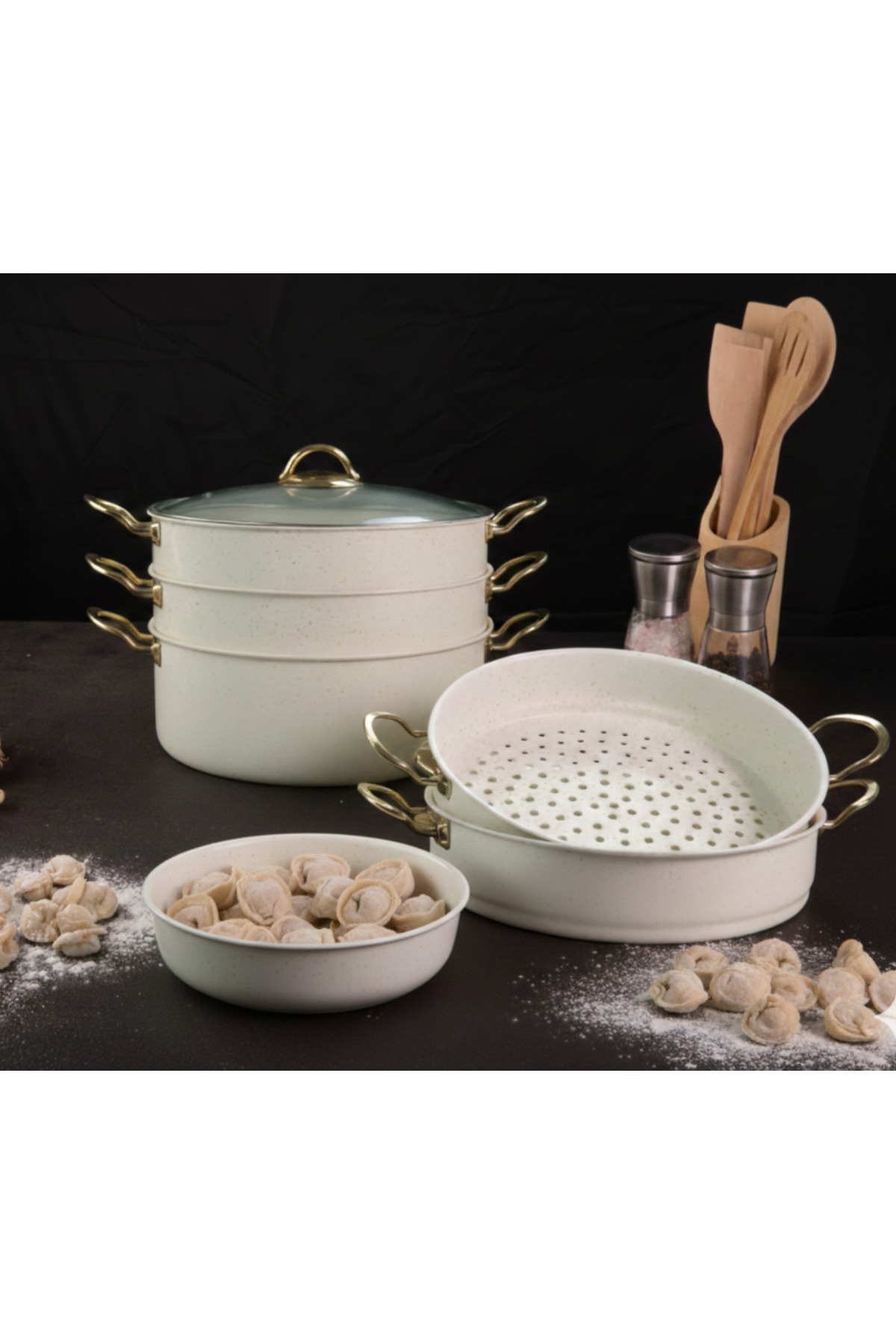 Evren 6 Parça 30 Cm Cream Ezme Seri Buharlı Pişirici, Mantı Tencere Seti 7,5 Lt fotoğrafı 4 (önizleme)