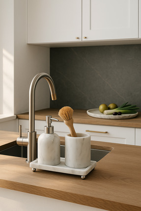 Akayev Mermer Beyaz 3 Parça Gümüş Ayak Banyo Seti Mutfak Sıvı Sabunluk Seti