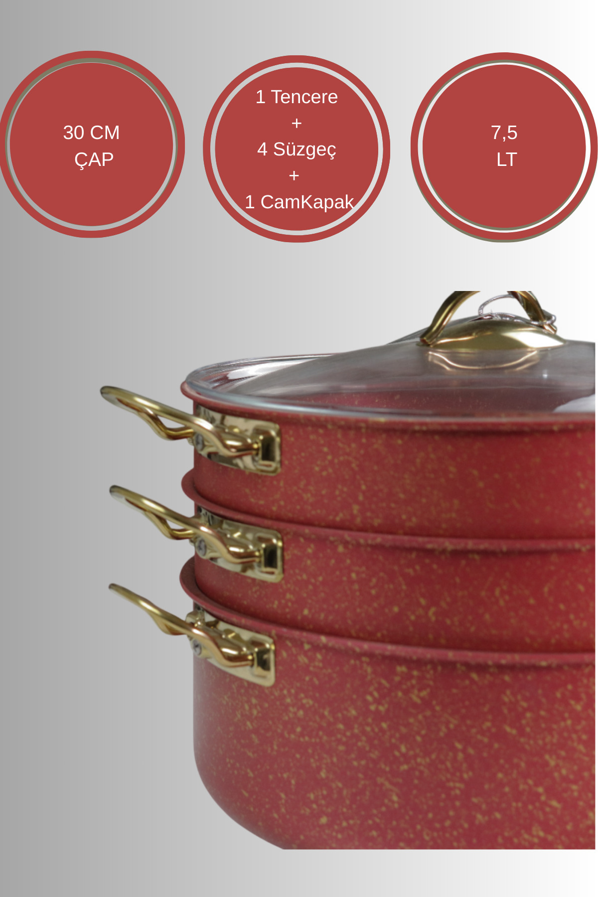Evren 6 Parça 30 Cm Red Ezme Seri Buharlı Pişirici, Mantı Tencere Seti 7,5 Lt fotoğrafı 3 (önizleme)