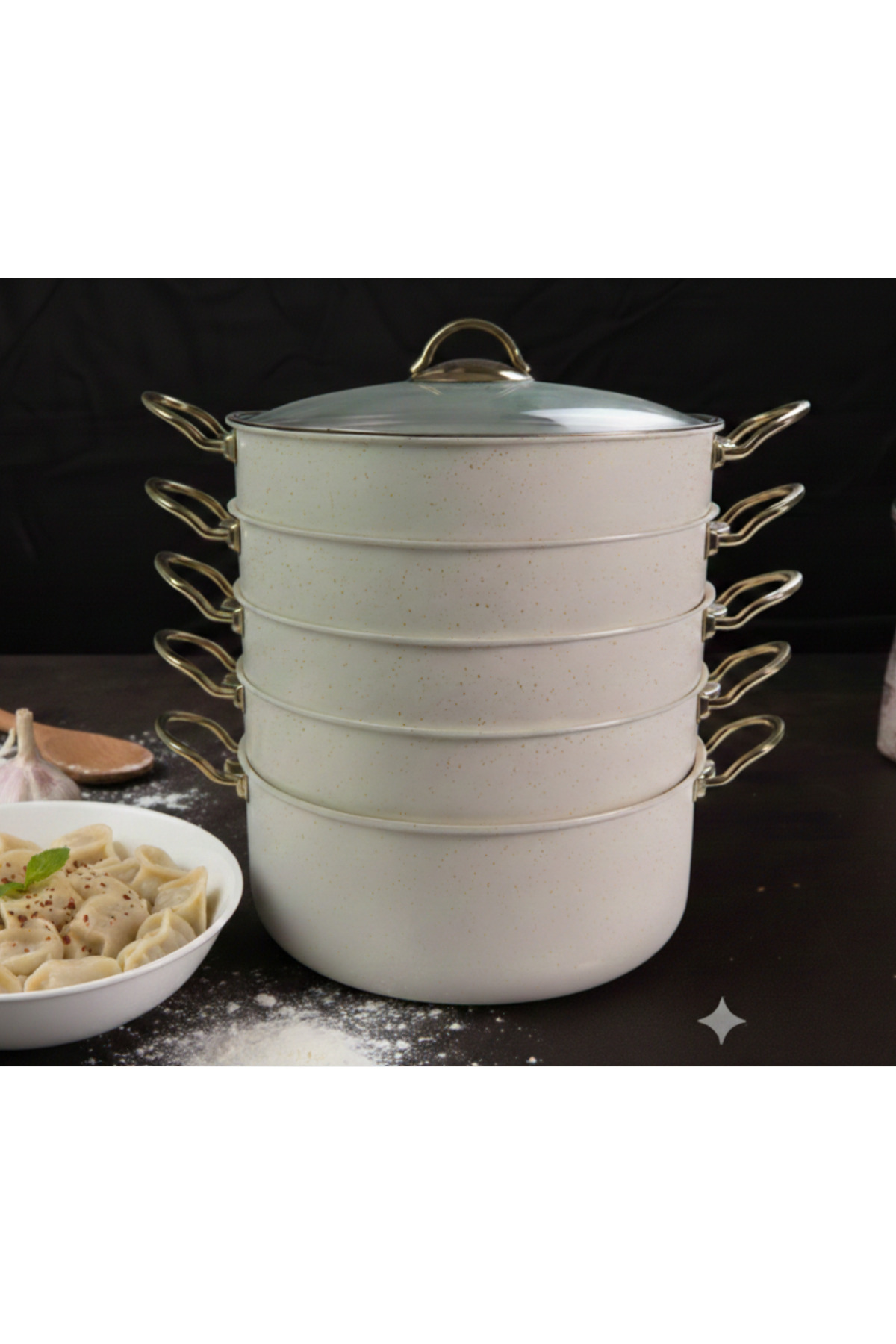 Evren 6 Parça 30 Cm Cream Ezme Seri Buharlı Pişirici, Mantı Tencere Seti 7,5 Lt fotoğrafı 2 (önizleme)