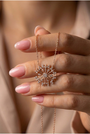 Hertaş 925 Ayar Gümüş Rose Altın Kaplama Taşlı Kar Tanesi Kadın Kolye