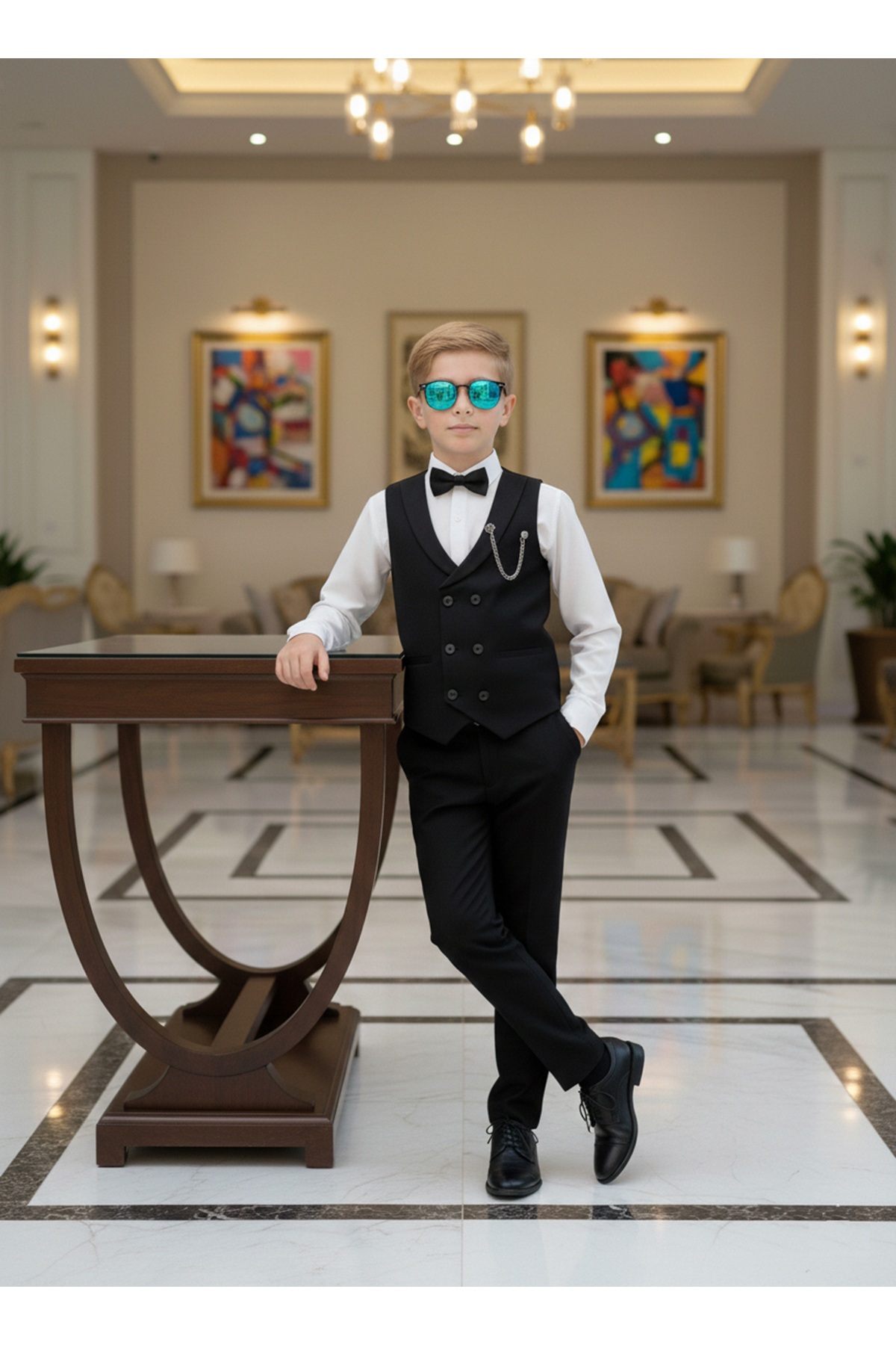 WENA KİDS Erkek Çocuk Smokin Yelekli Takım Elbise Gömlekli Papyonlu Set Siyah fotoğrafı 4 (önizleme)