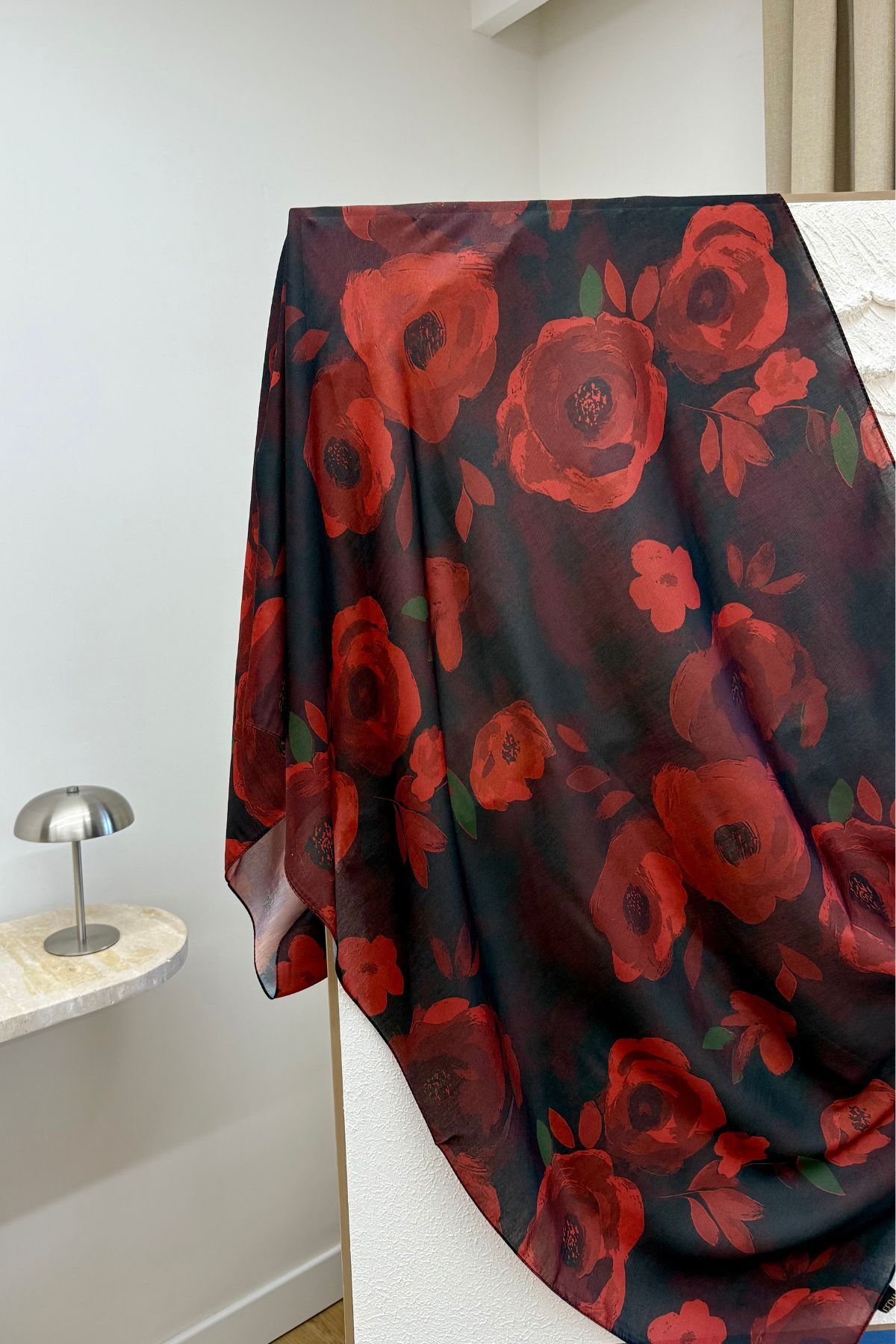 poplin  BORDO ÇİÇEKLİ PREMİUM ŞAL - Görsel 4