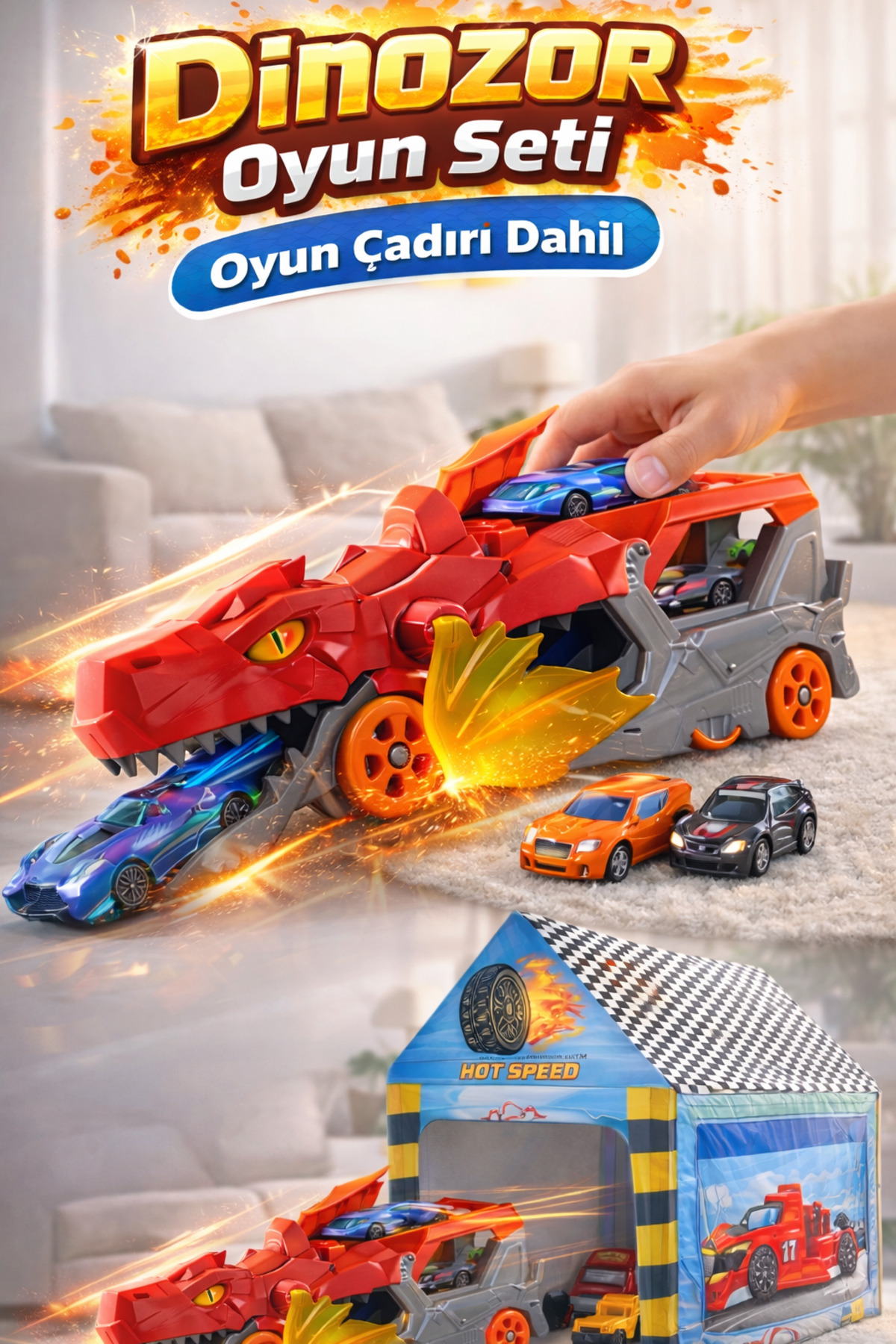 Canland Araba Fırlatan Taşıyıcı Dinozor Kamyon + Oyun Çadırı Dahil – Çok Parçalı Eğlenceli Set fotoğrafı 5 (önizleme)
