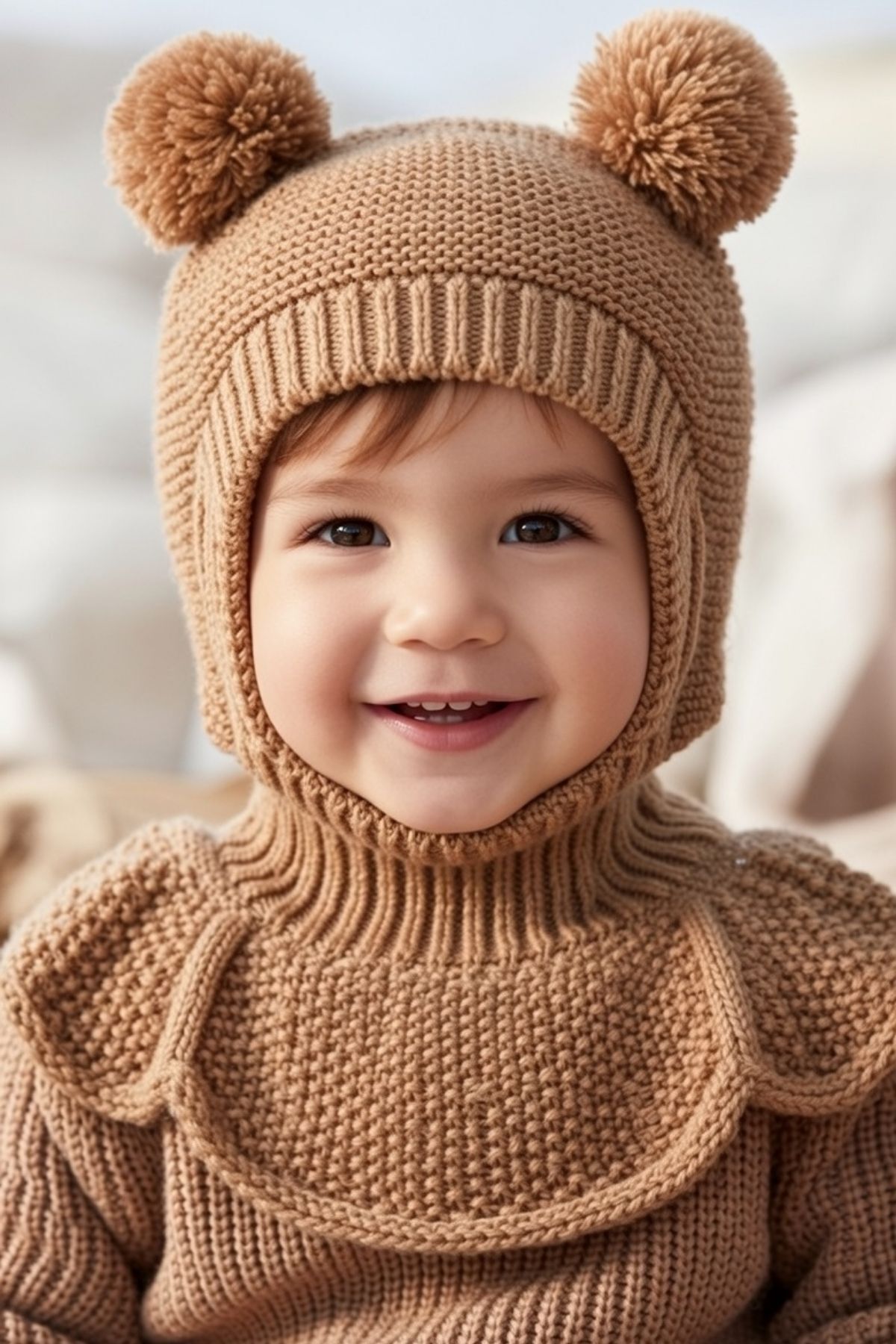 Minytrendy Kız Erkek Bebek Çocuk Omuzlu Triko Balaklava Bere Kar Maskesi Ponponlu Bere fotoğrafı 2 (önizleme)