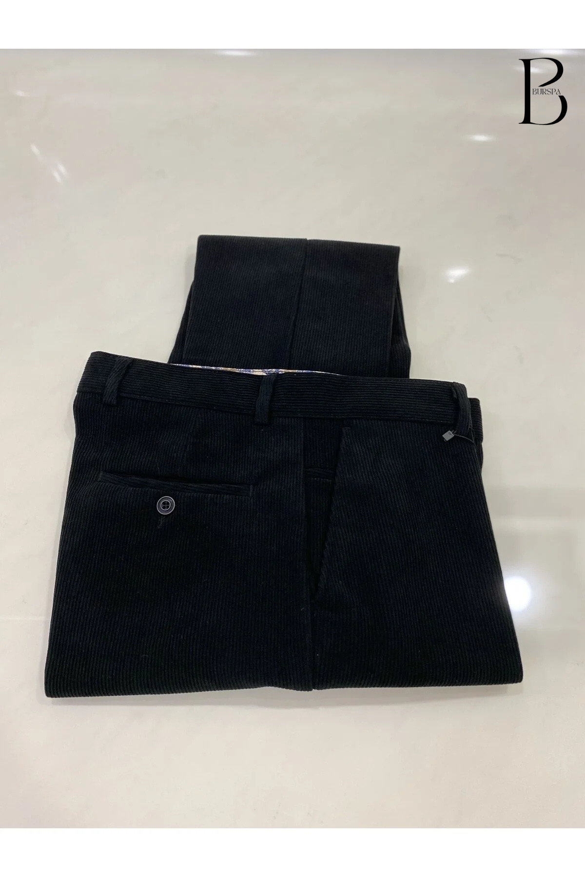 شلوار مخمل مردانه مشکی طرح ریلکس فیت زمستانی با آستر پشمی — مشکی P05 — تصویر 6 از 8
