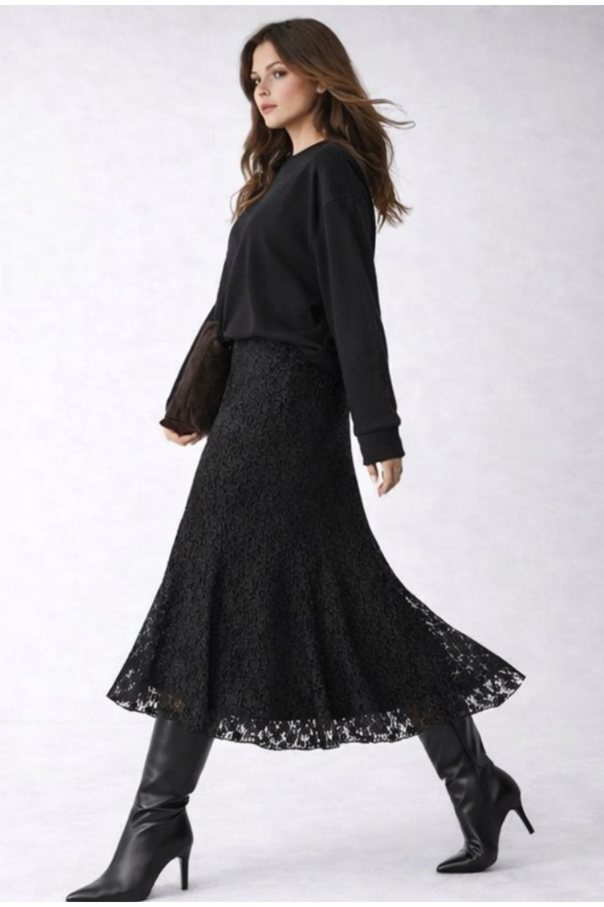 sovl  Dantel Yüksek Bel Lastikli Rahat Etek - Görsel 2