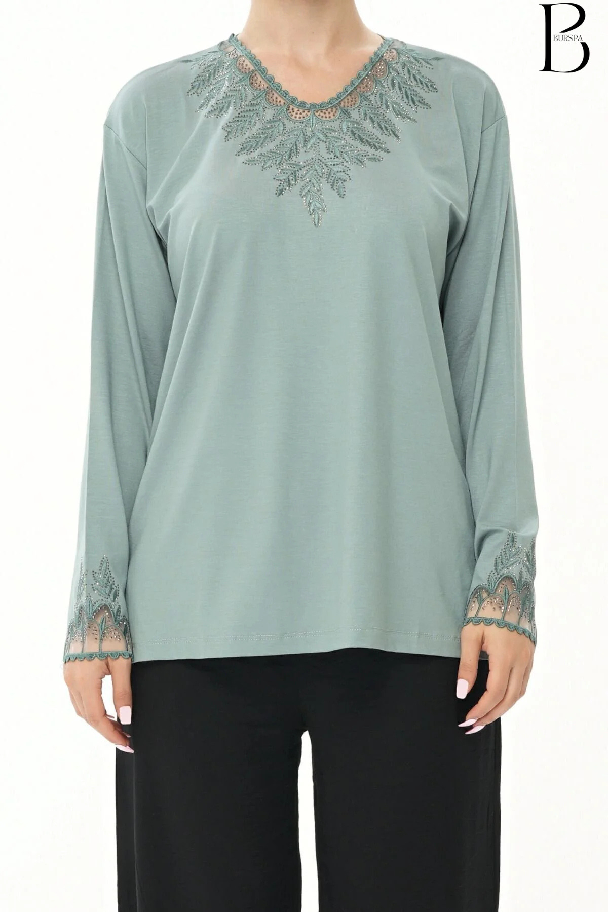 Neck and Sleeve Tulle Detailed Stone Embroidered Water Green Mother Combed Cotton Blouse