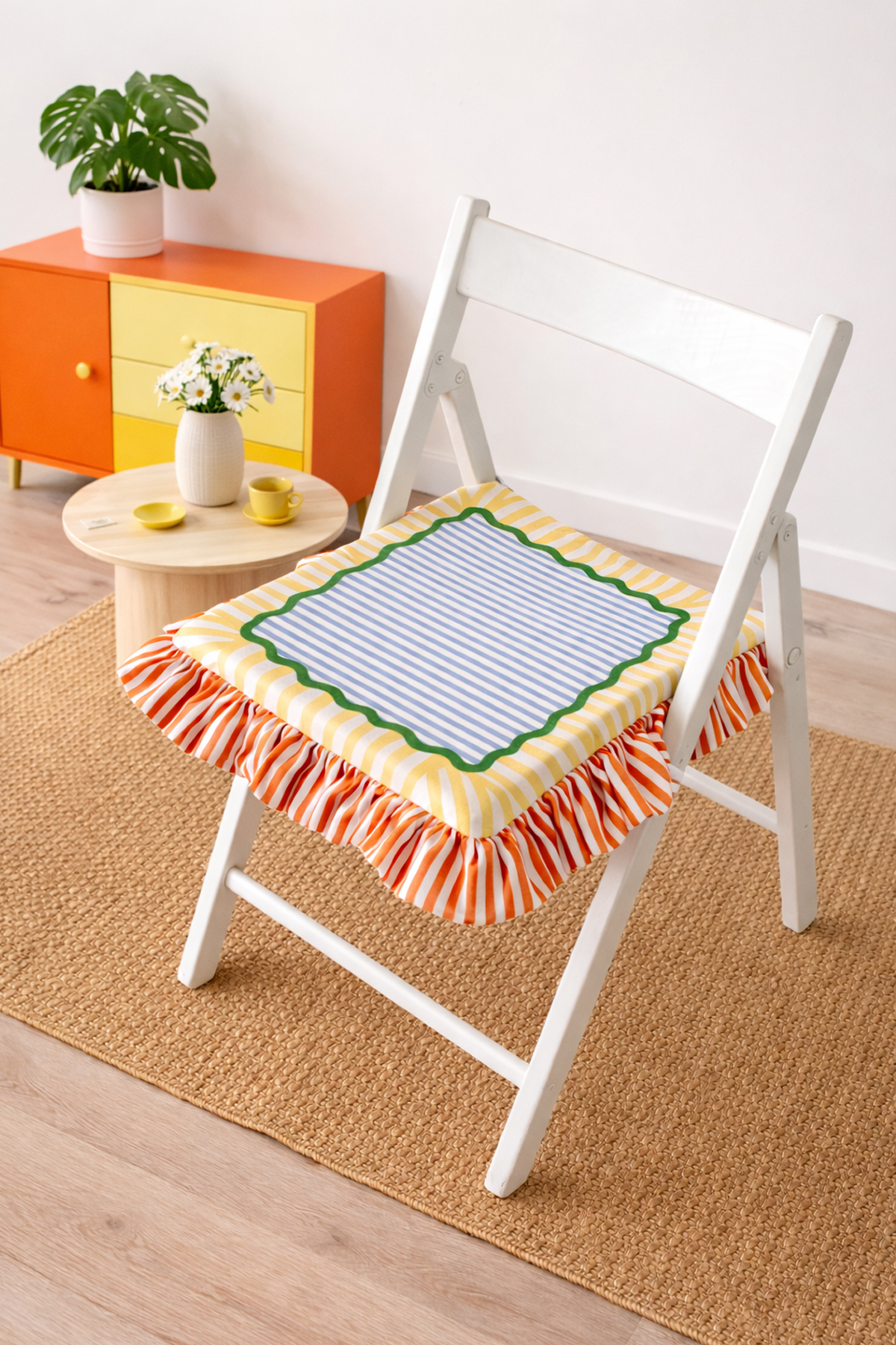 Striped Frilly Marine, Vintage, Country, Scandinavian, Bohemian 40x40 Chair Cushion